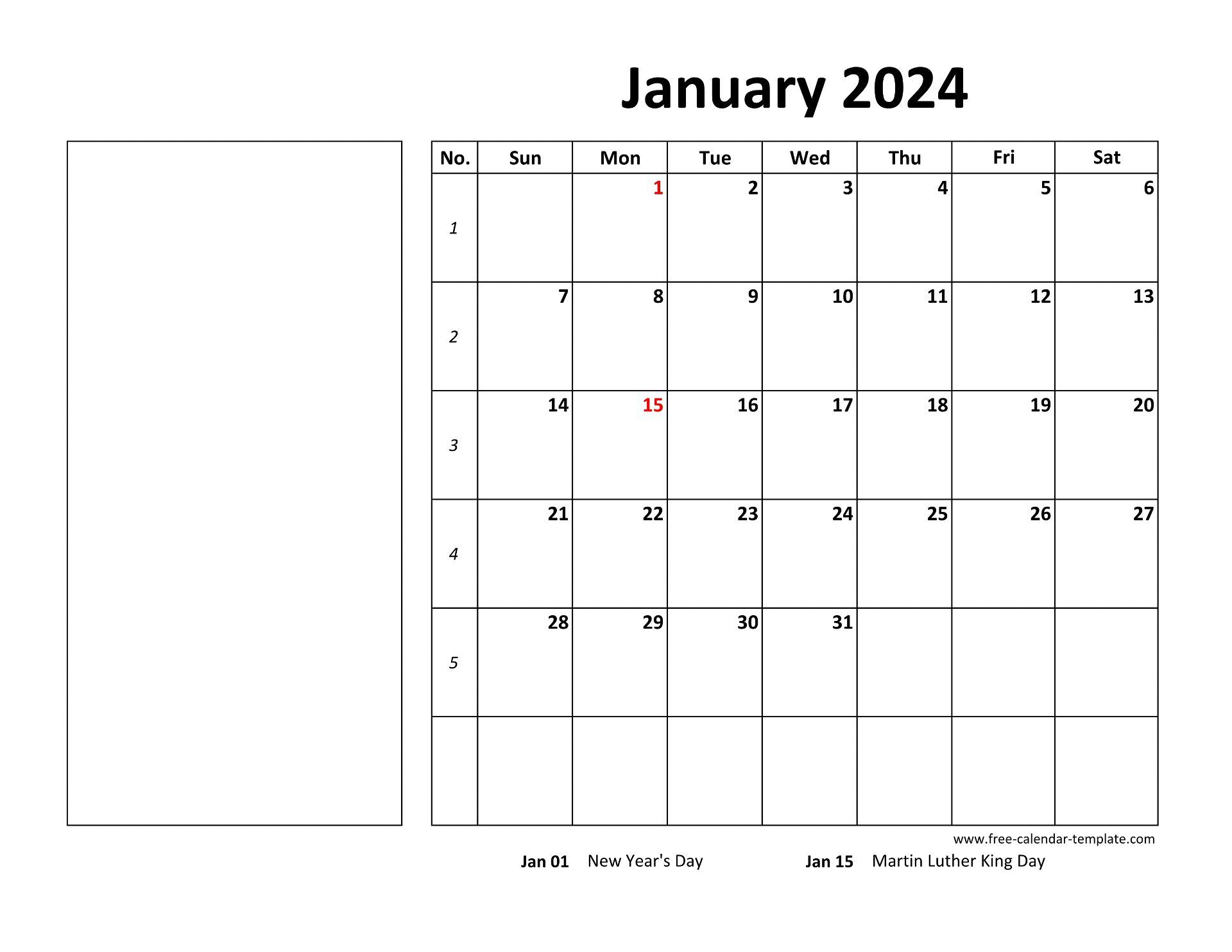 Printable January 2024 Calendar (Box And Lines For Notes) | Free for January 2024 Calendar Printable With Lines