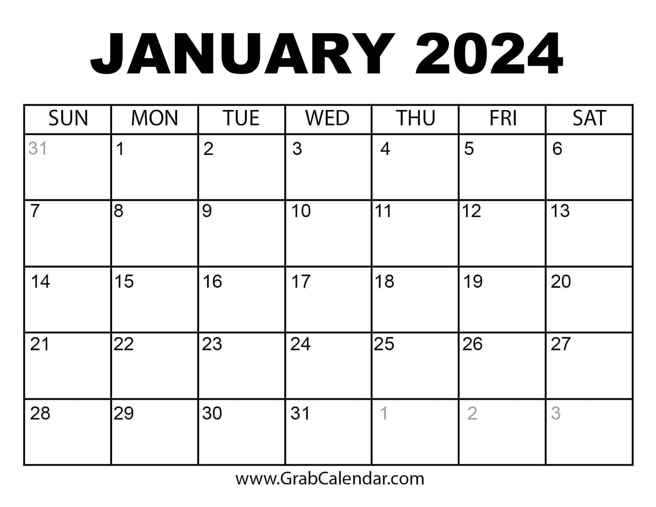 Printable January 2024 Calendar for A Printable Calendar January 2024