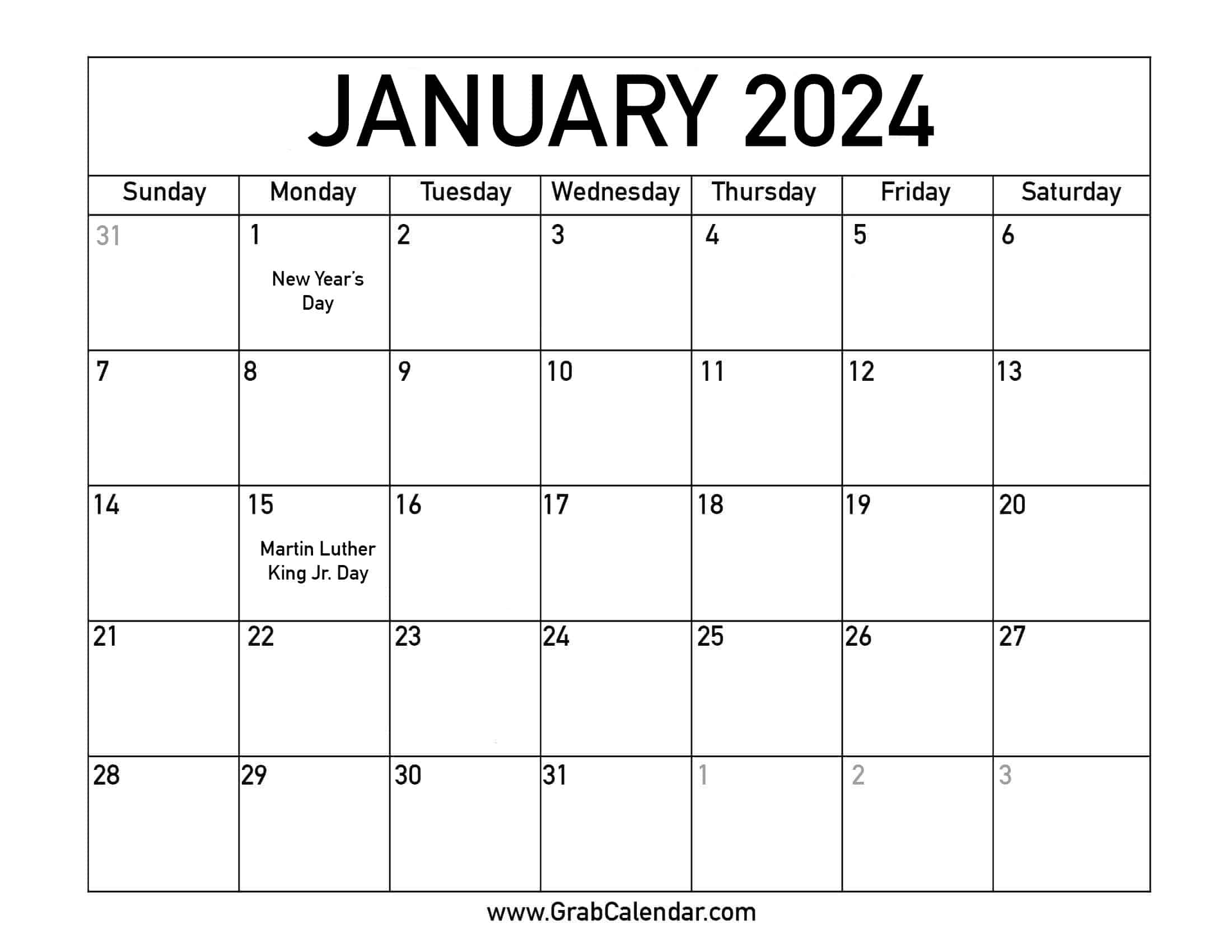 Printable January 2024 Calendar for Jan 2024 Calendar With Holidays Printable