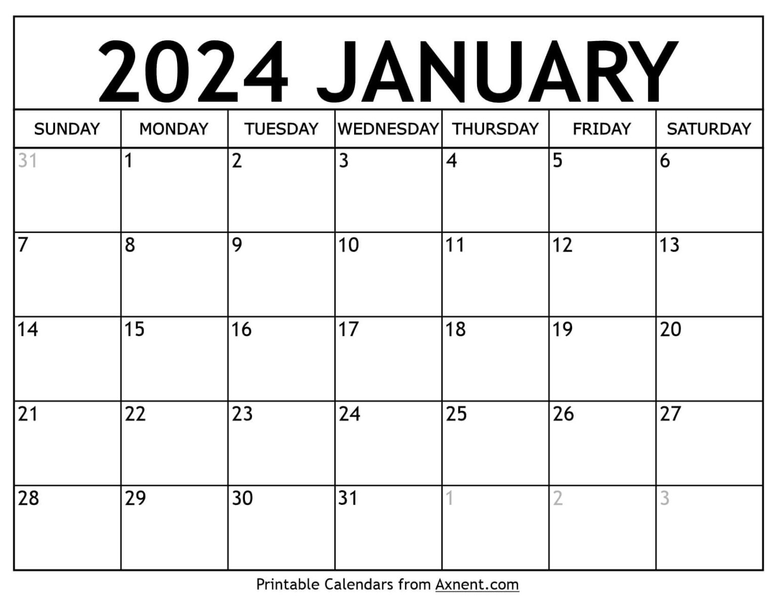 Calendar Template January 2024 Printable FREE Printable