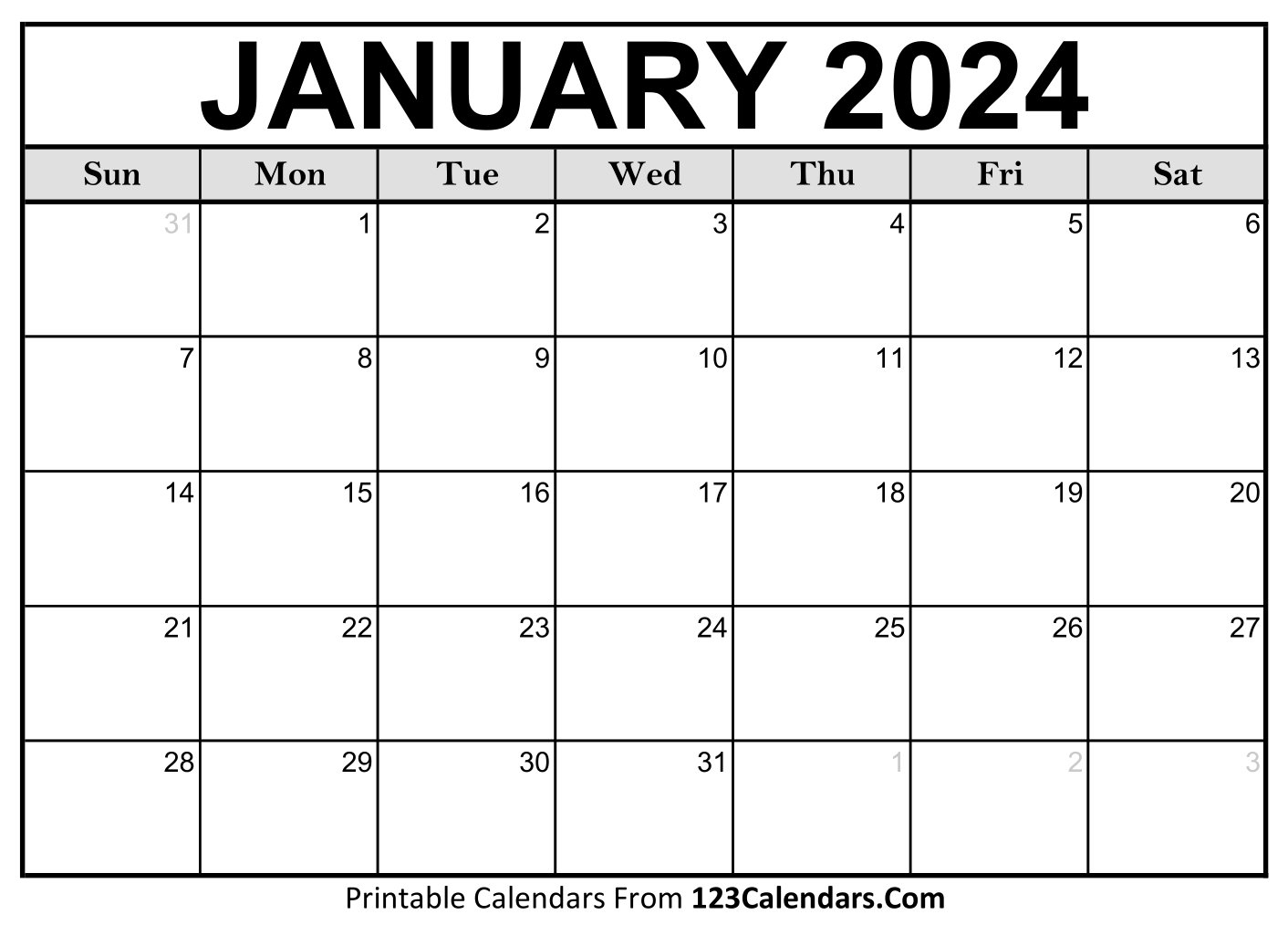 Printable January 2024 Calendar Templates - 123Calendars for Blank January 2024 Calendar Printable