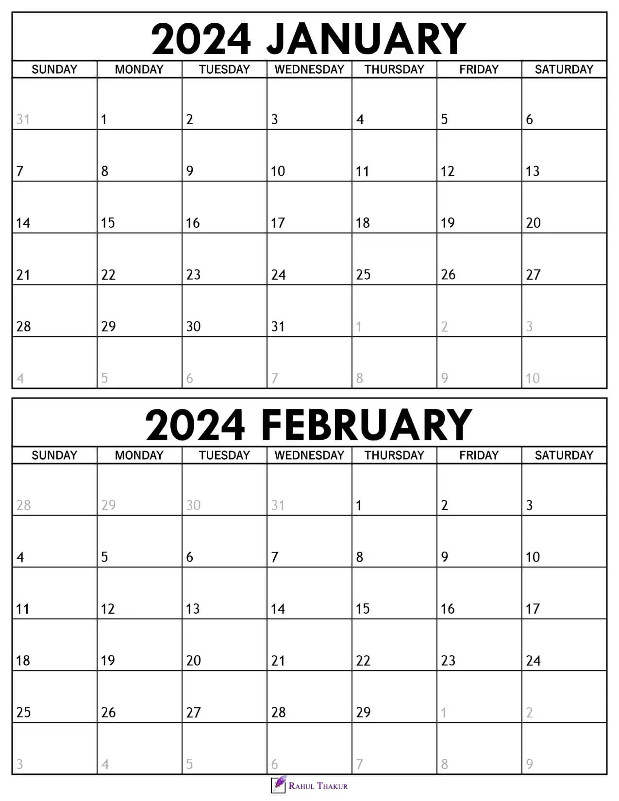 Printable January February 2024 Calendar Template - Thakur Writes for Jan Feb 2024 Calendar Printable