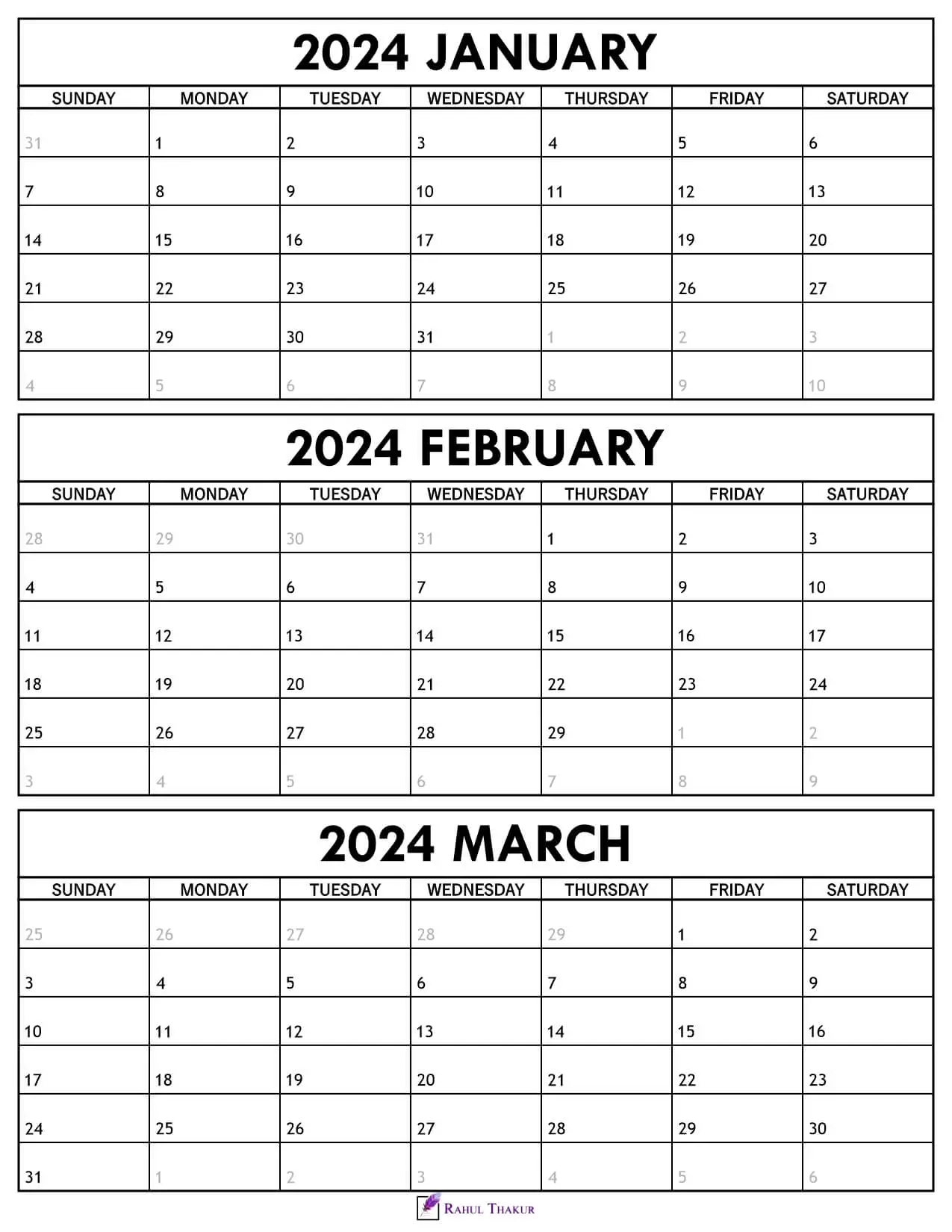 Printable January To March 2024 Calendar Template - Thakur Writes for January February March 2024 Printable Calendar