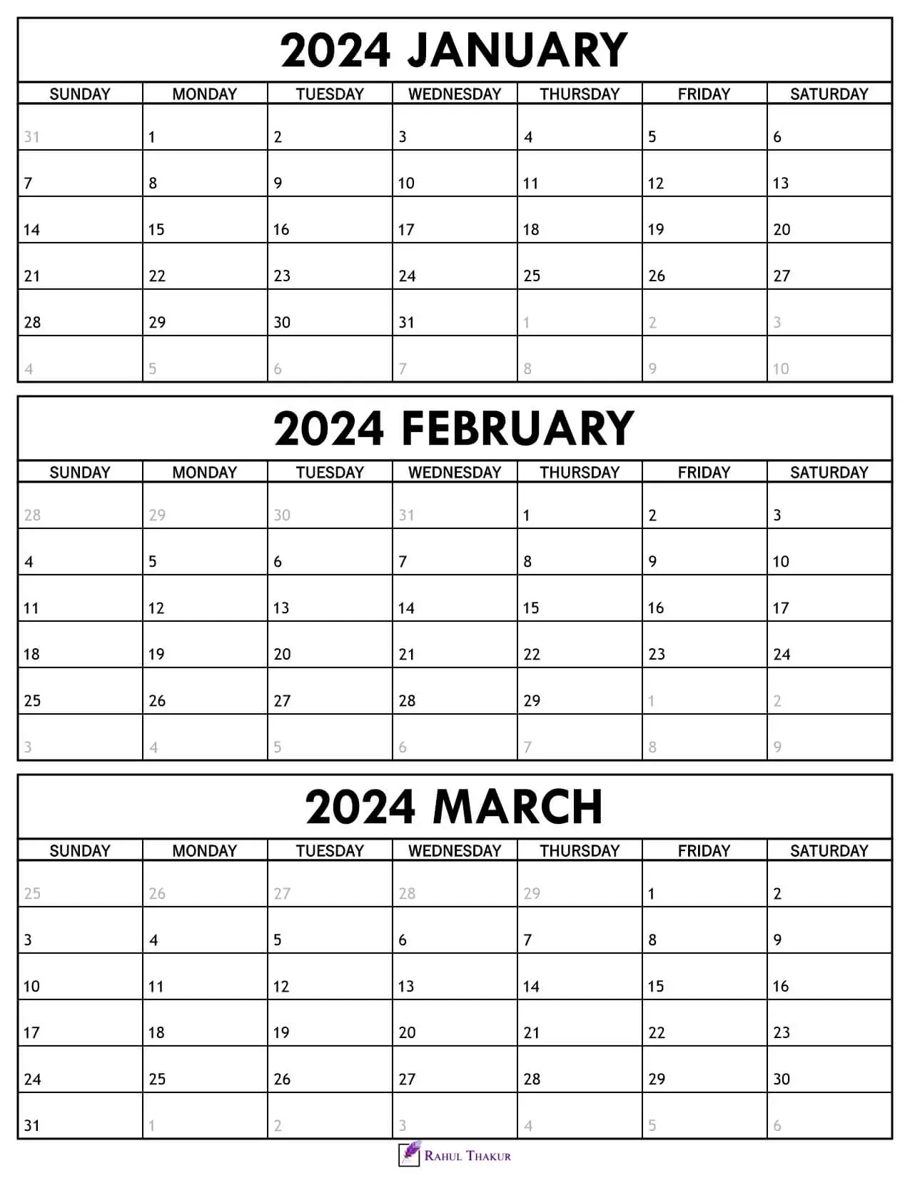 Printable January February March 2024 Calendar | Printable Calendar 2024