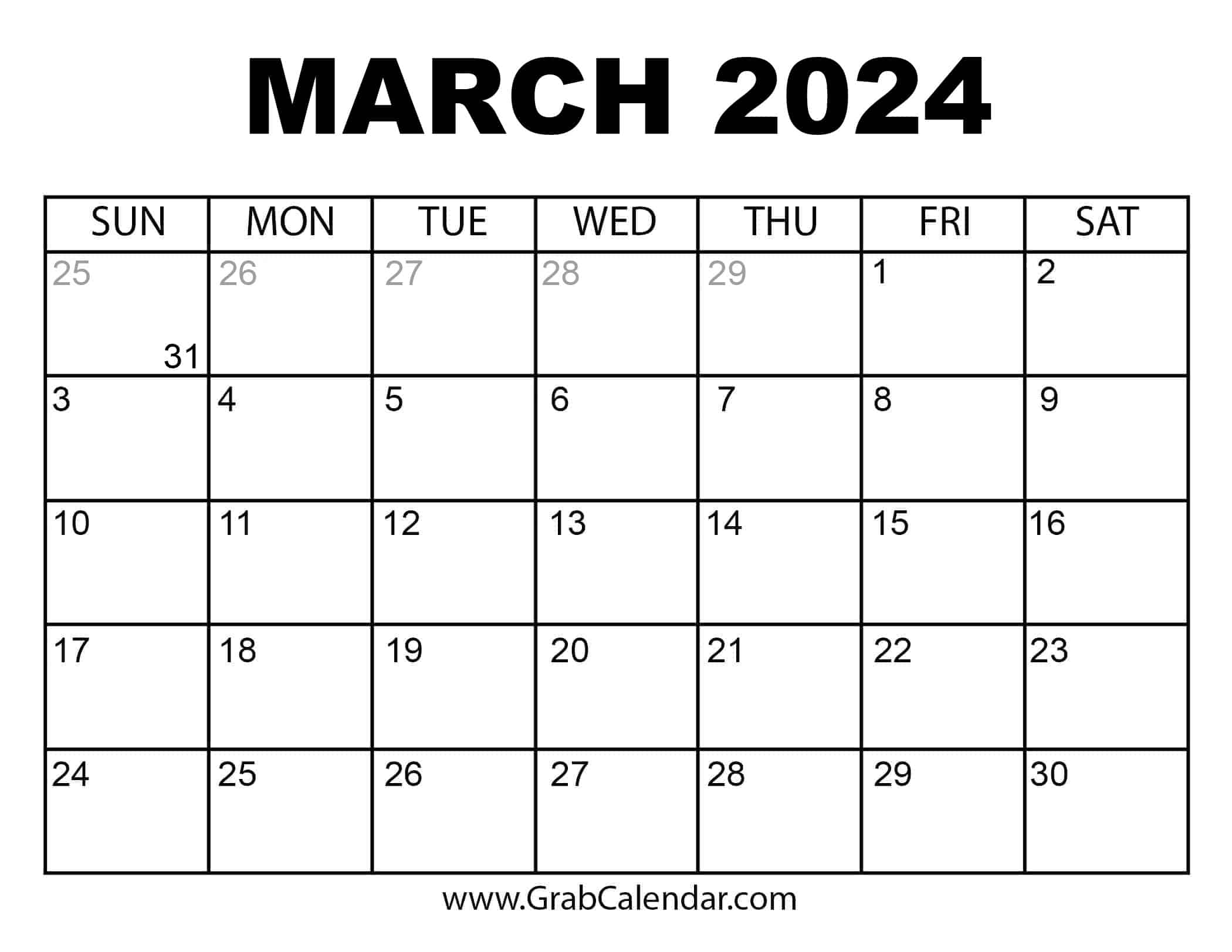 Printable March 2024 Calendar for Free Printable March 2024 Calendar Page