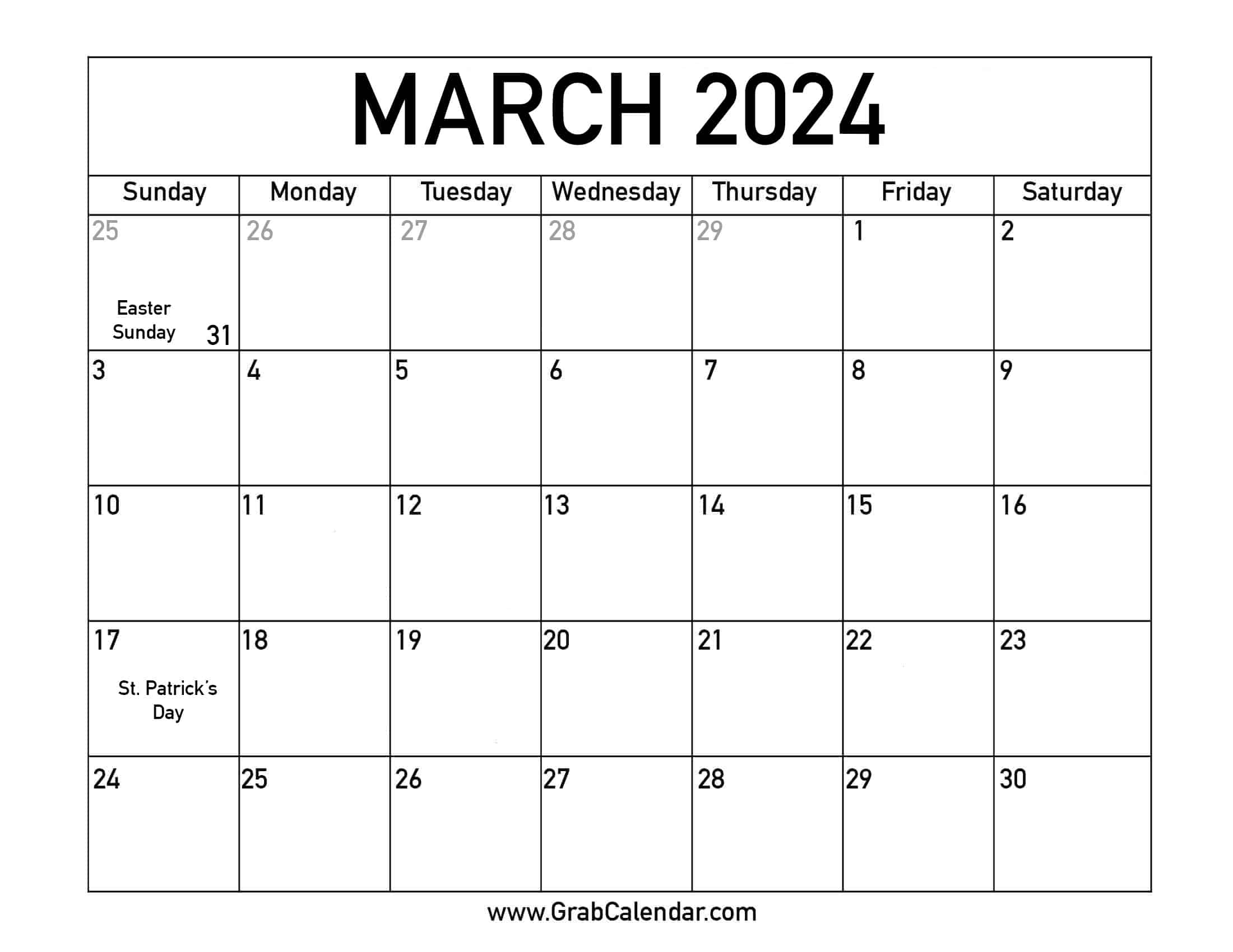 Printable March 2024 Calendar for March 2024 Calendar With Holidays Printable