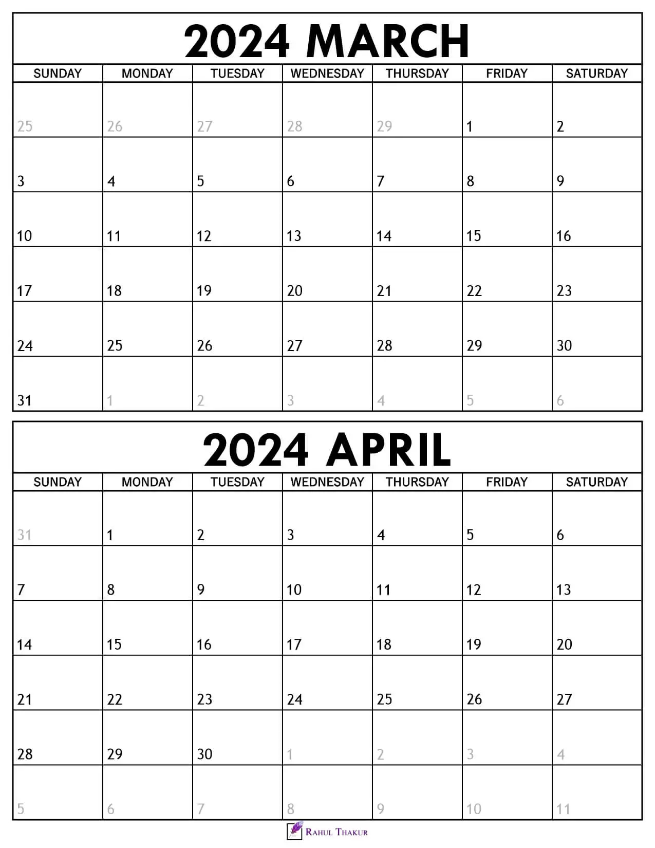 Printable March April 2024 Calendar Template - Thakur Writes for March April Printable Calendar 2024