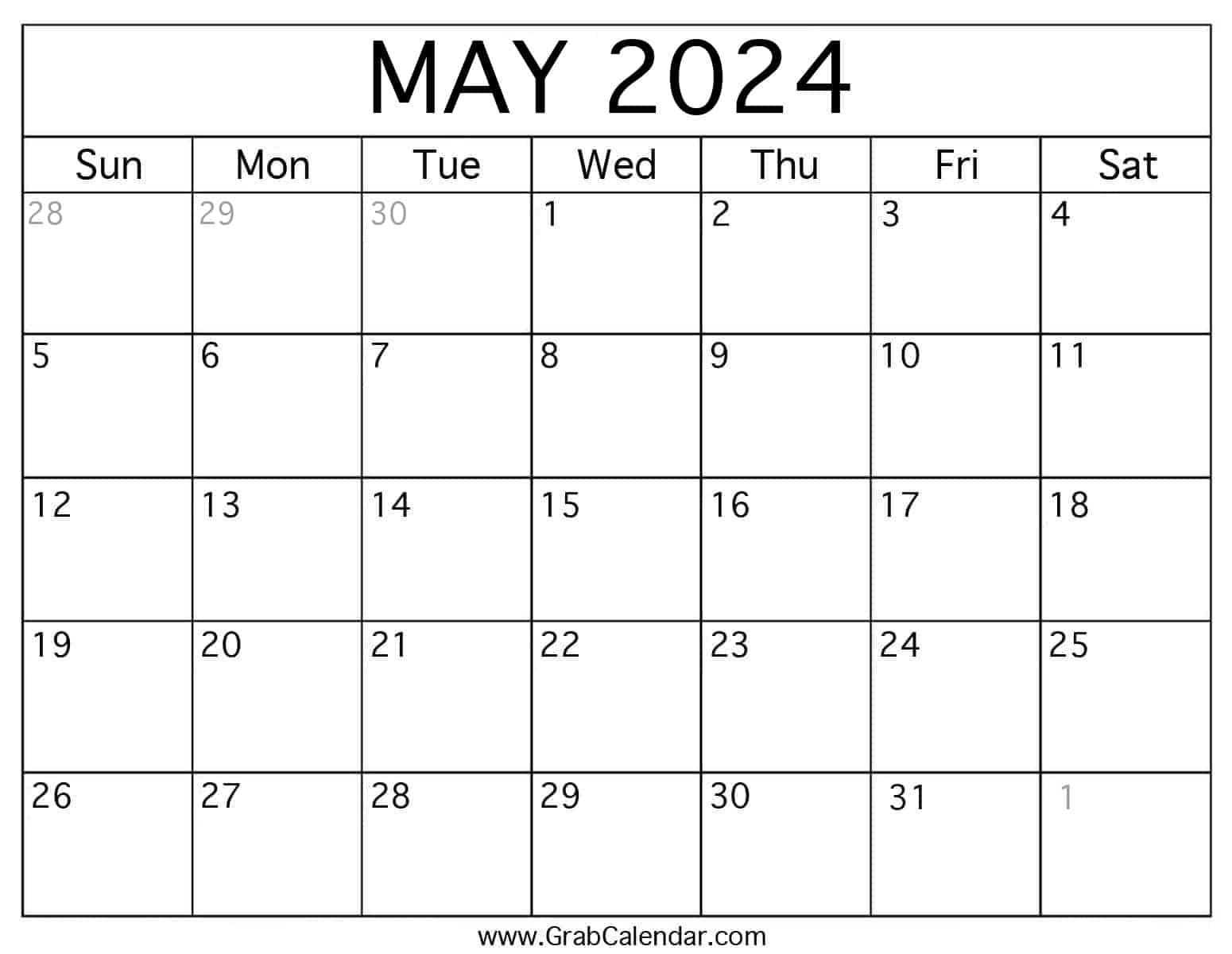 Printable May 2024 Calendar for Blank May 2024 Calendar Printable