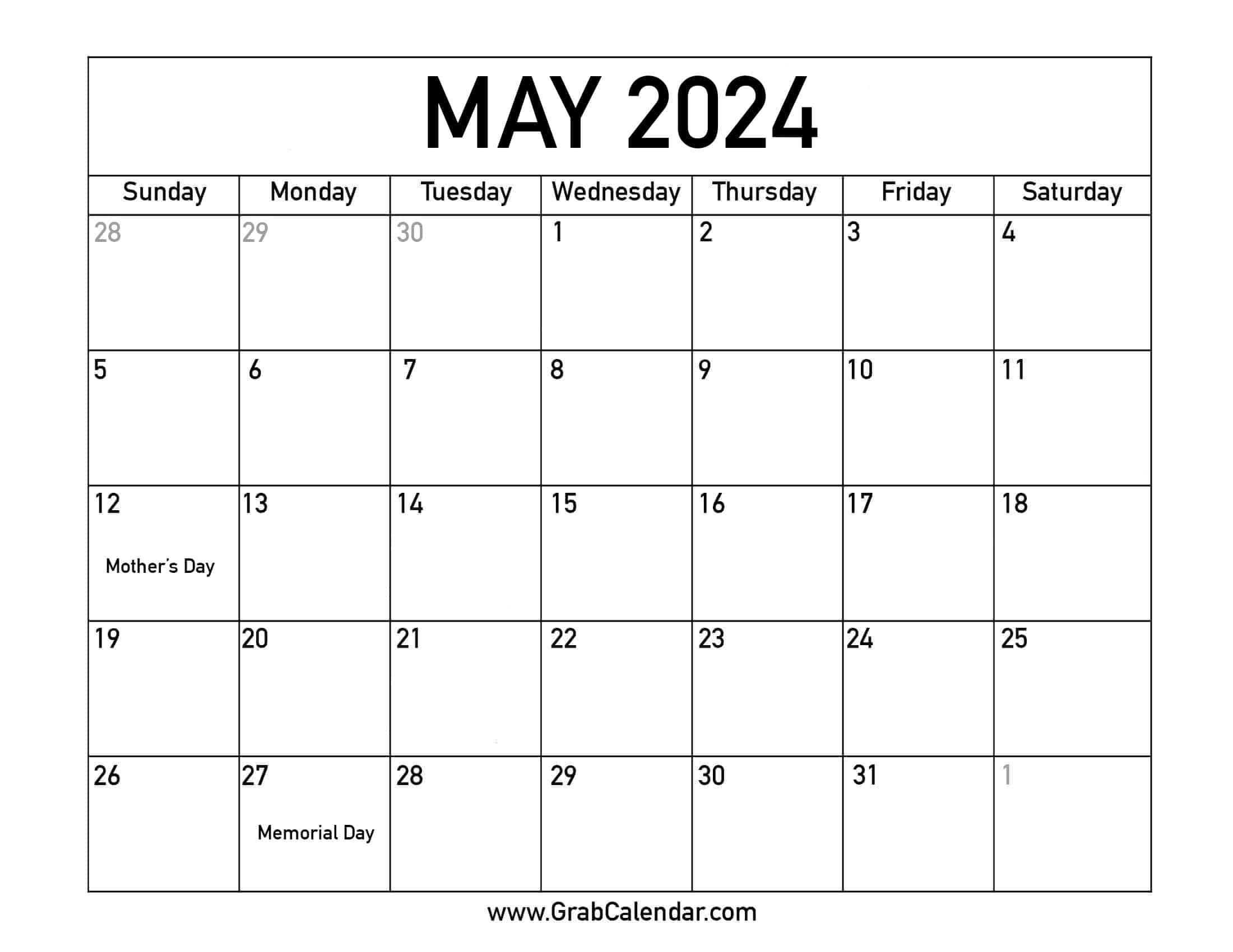 Printable May 2024 Calendar for Free Printable May 2024 Calendar With Holidays