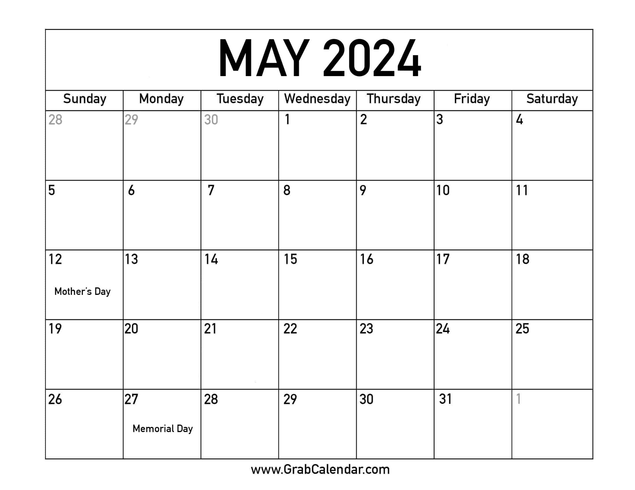 Printable May 2024 Calendar for May 2024 Calendar Printable With Holidays
