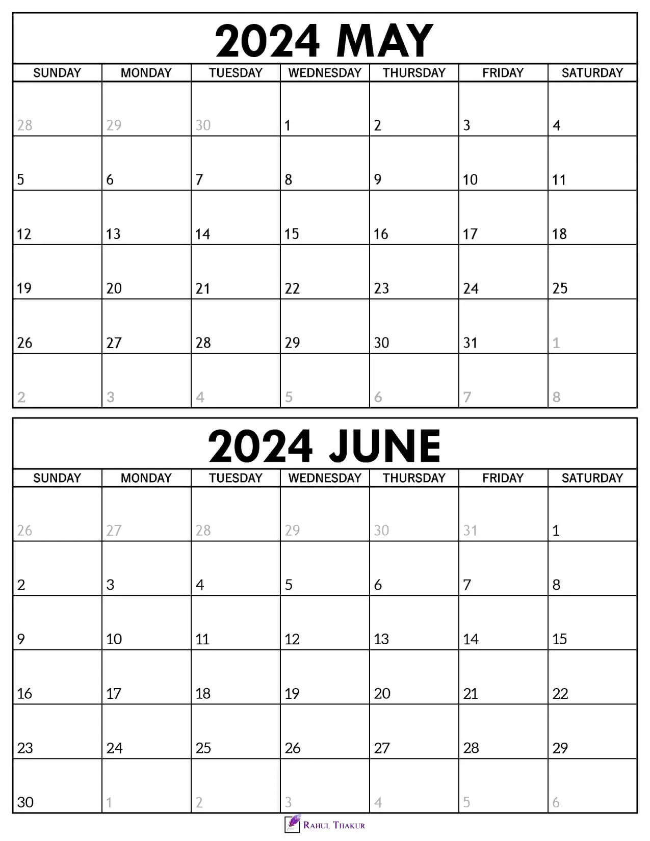 Printable May June 2024 Calendar Template - Thakur Writes for May And June Calendar 2024 Printable