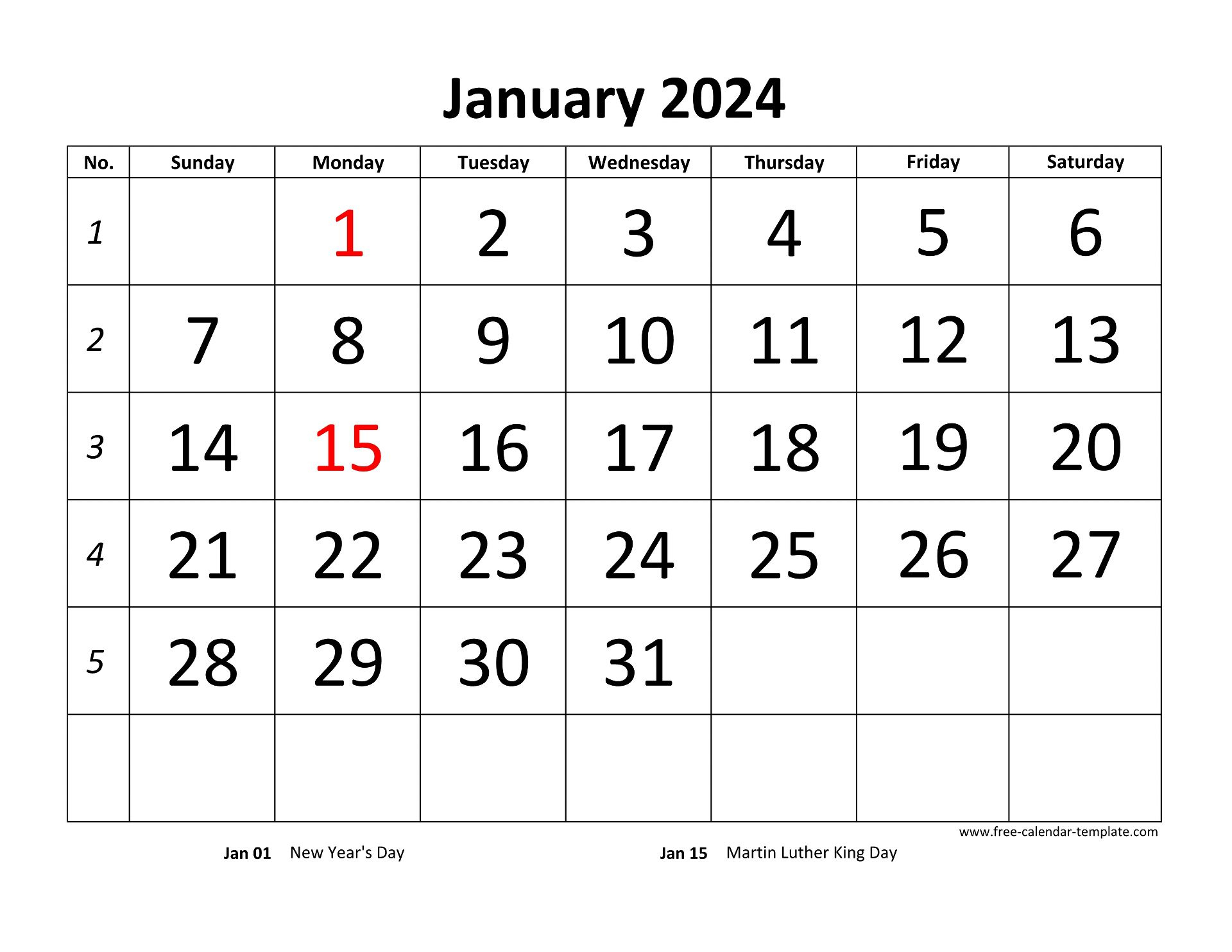 Printable Monthly Calendar 2024 | Free-Calendar-Template for 2024 Printable Calendar Template