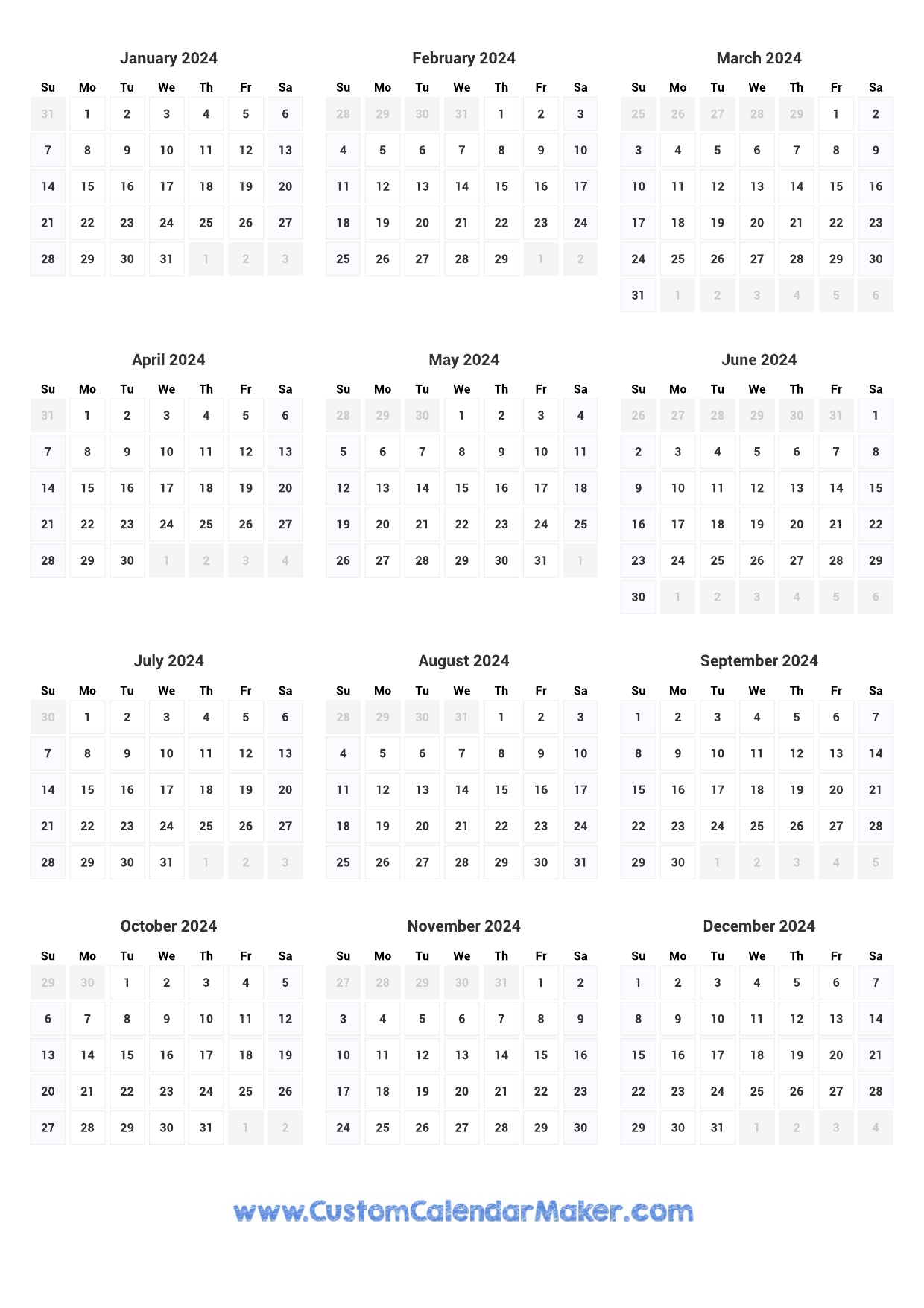 Printable Yearly Calendar 2024 - Annual Planner Template for 12 Month Calendar 2024 Printable