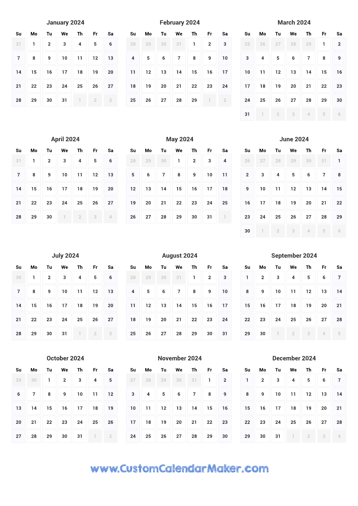 Printable Yearly Calendar 2024 - Annual Planner Template for Printable 2024 Calendar Landscape