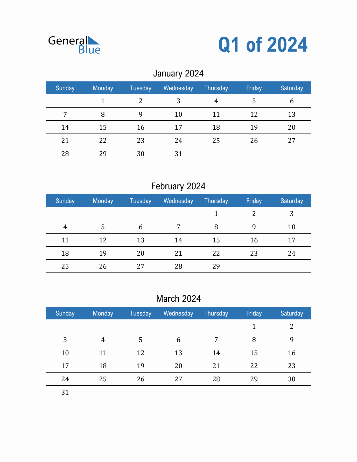 Q1 Quarterly Calendar 2024 In Pdf, Word, Excel for Q1 2024 Calendar Printable