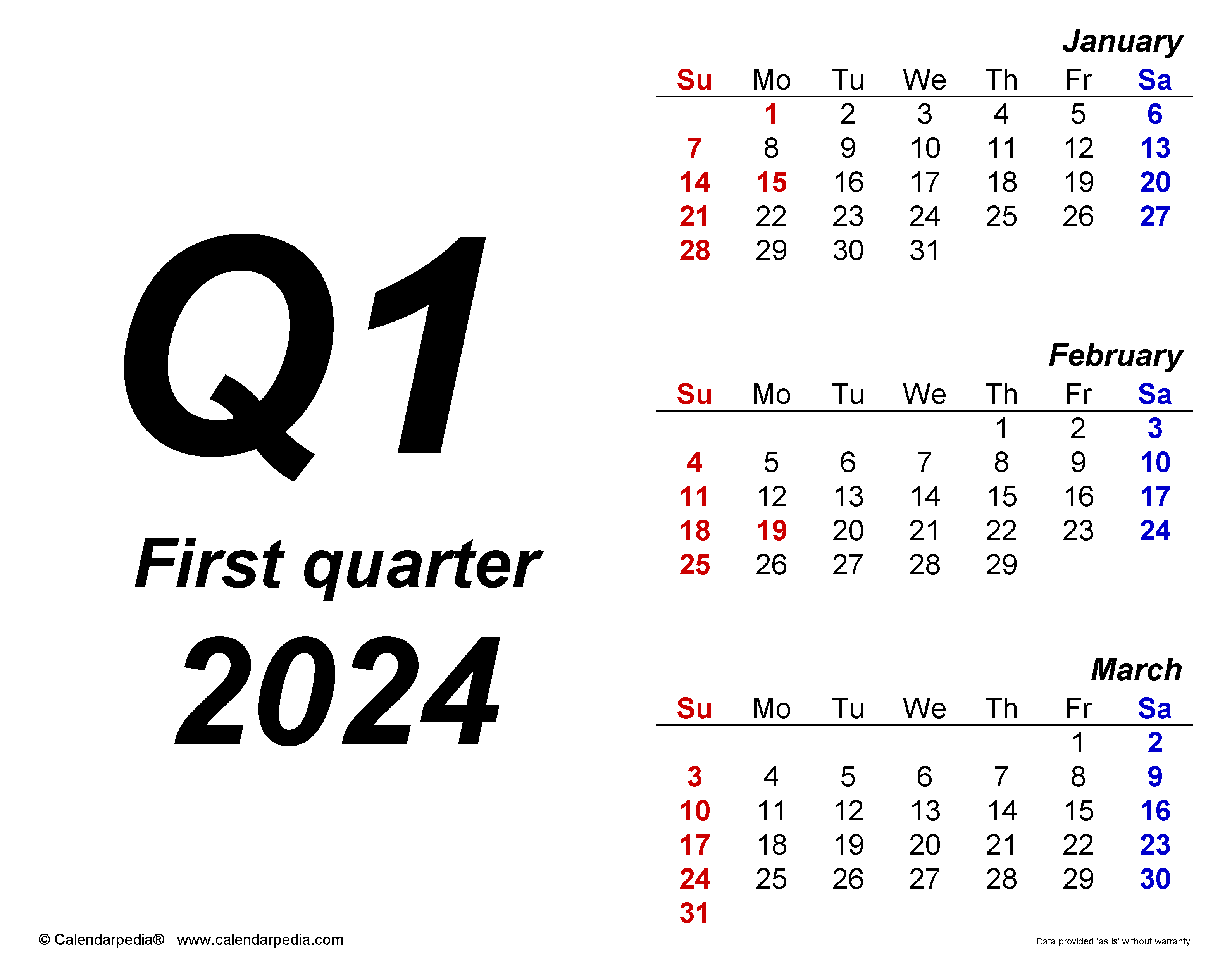 Quarterly Calendars 2024 - Free Printable Pdf Templates for Q1 2024 Calendar Printable