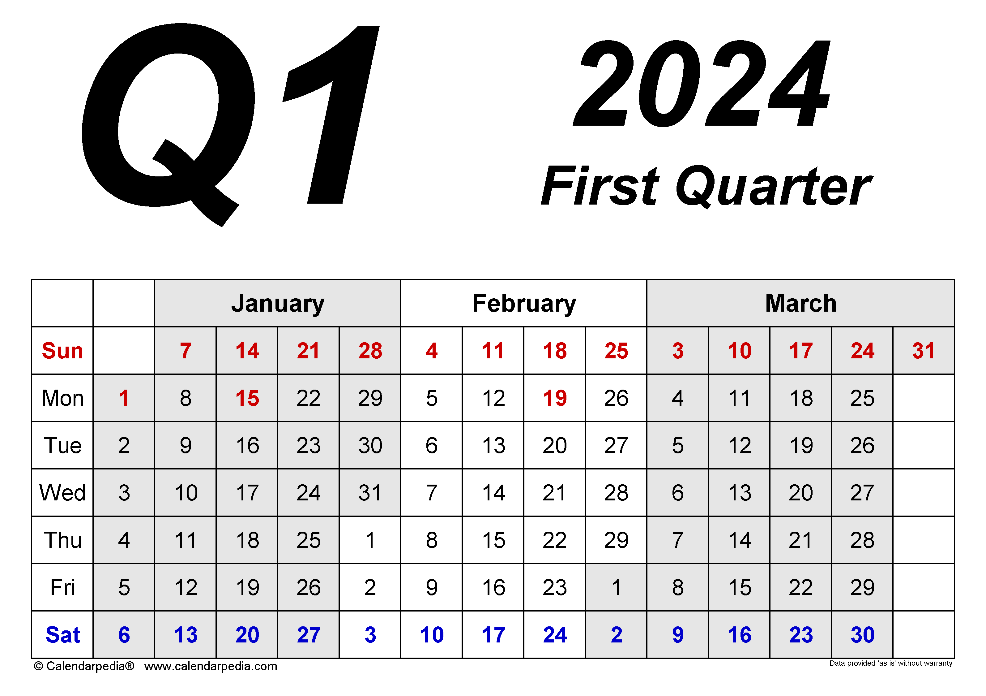 Quarterly Calendars 2024 - Free Printable Pdf Templates for Q1 2024 Calendar Printable