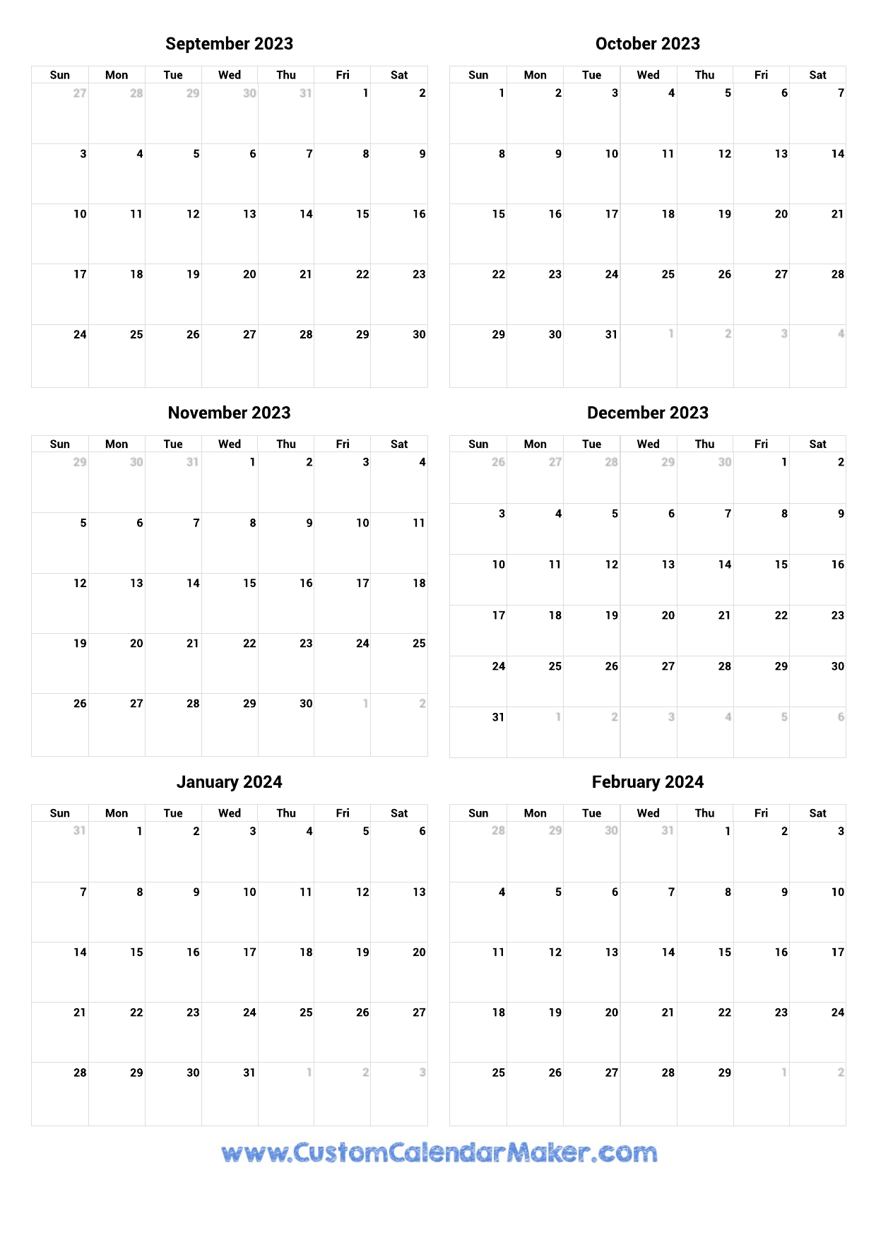 September 2023 To February 2024 Printable Calendar for Printable Calendar September 2023 To June 2024