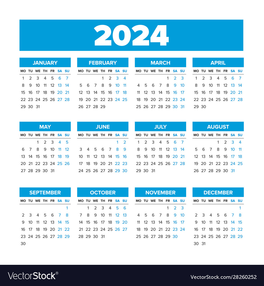 Simple Calendar 2024 Weeks Start On Monday Vector Image for 2024 Printable Calendar Monday Start