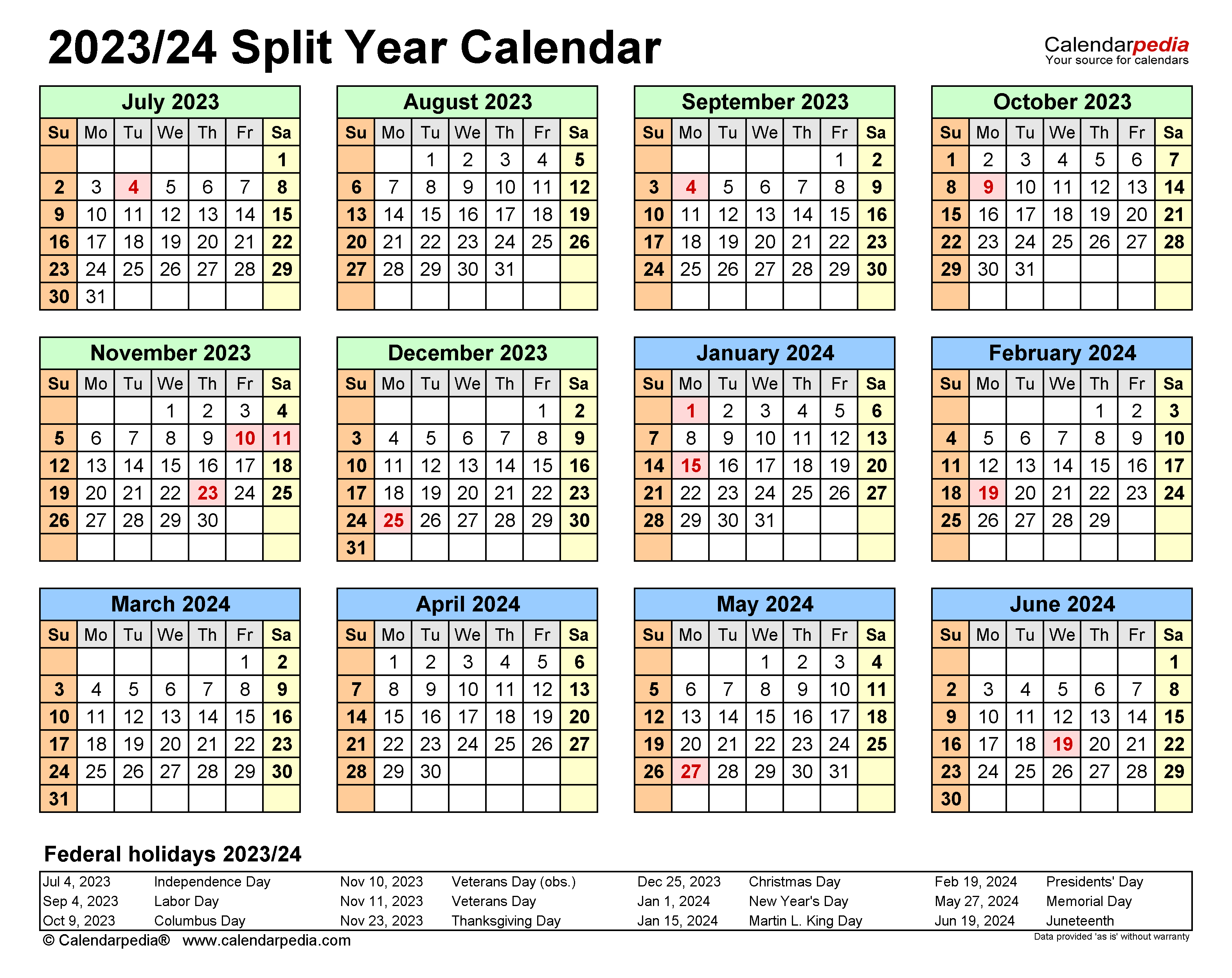 Split Year Calendars 2023/2024 (July To June) - Pdf Templates for Printable Calendar August 2023 To July 2024