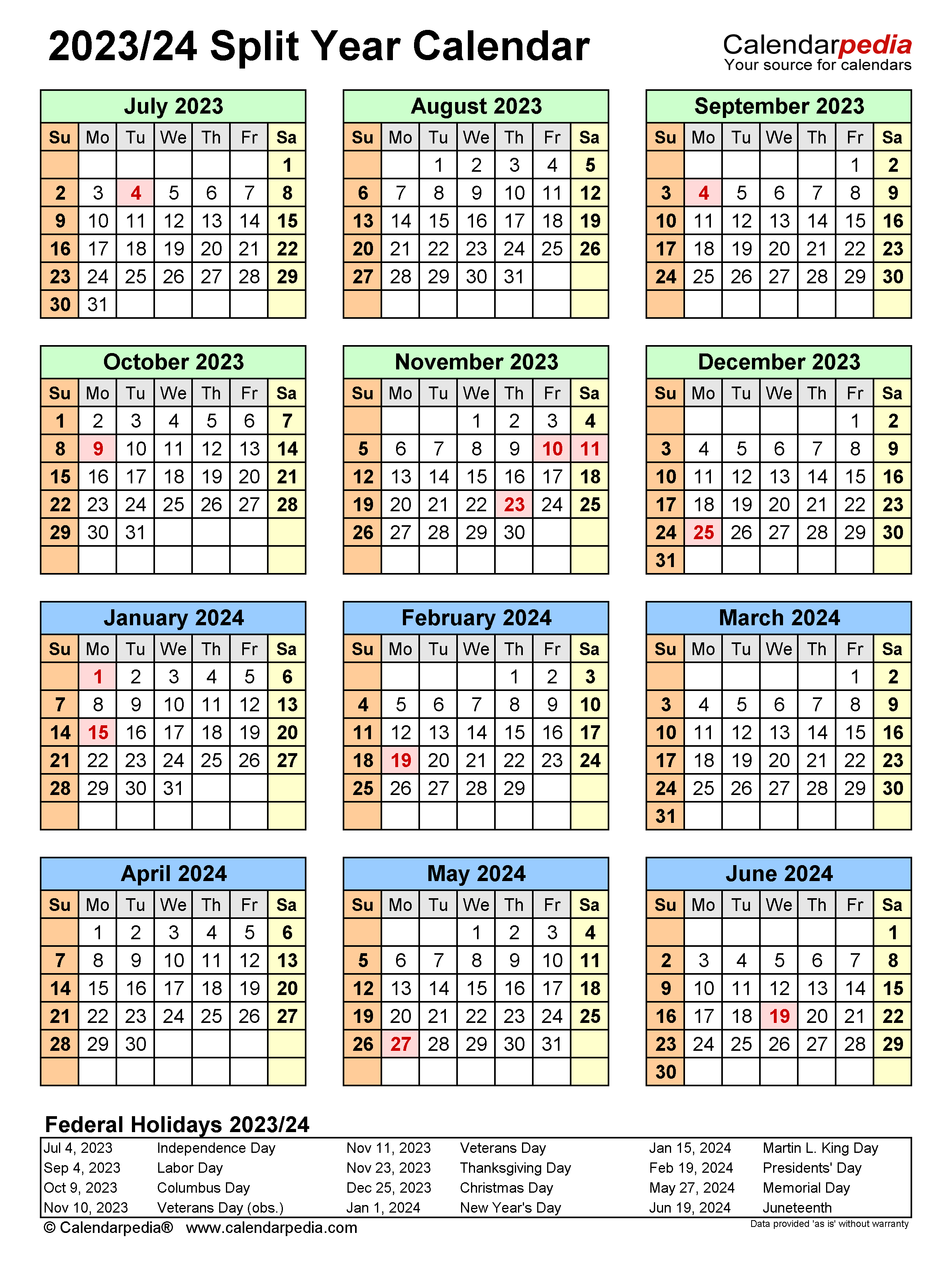 Split Year Calendars 2023/2024 (July To June) - Pdf Templates for Printable Calendar July 2023-June 2024