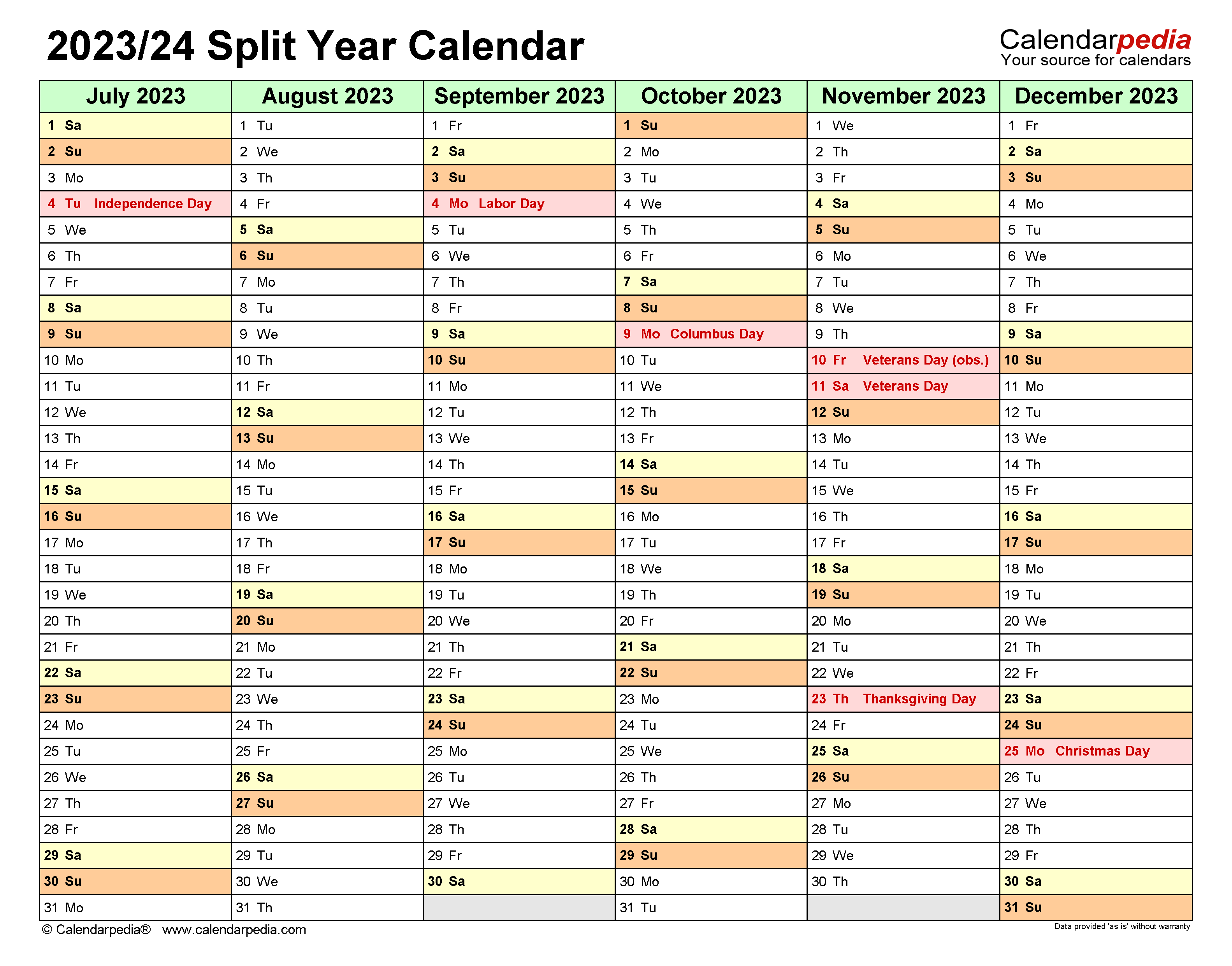 Split Year Calendars 2023/2024 (July To June) - Pdf Templates for Printable Calendar July 2023-June 2024