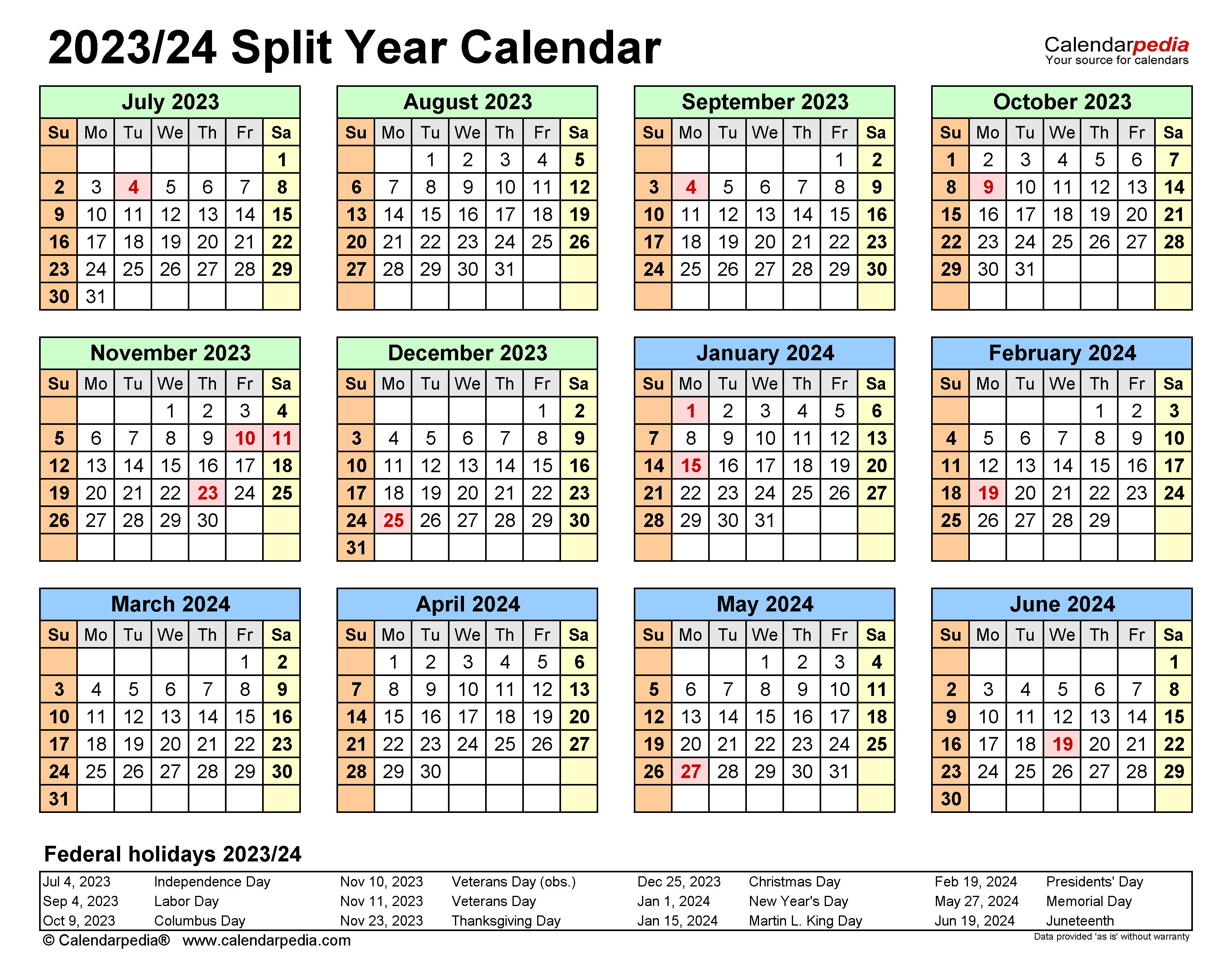 Split Year Calendars 2023/2024 (July To June) - Pdf Templates for Printable Calendar July 2023-June 2024
