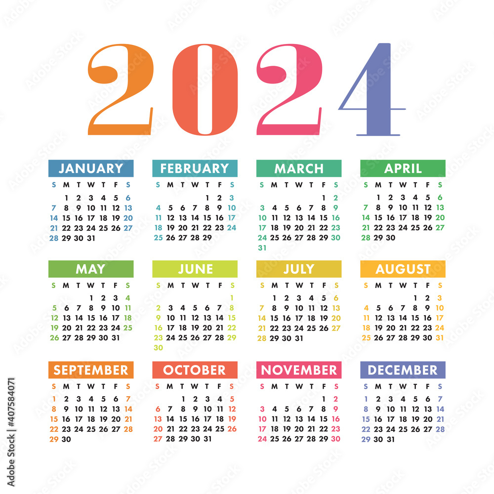 Stockvector Calendar 2024. English Colorful Vector Square Wall Or for 2024 Pocket Calendar Printable