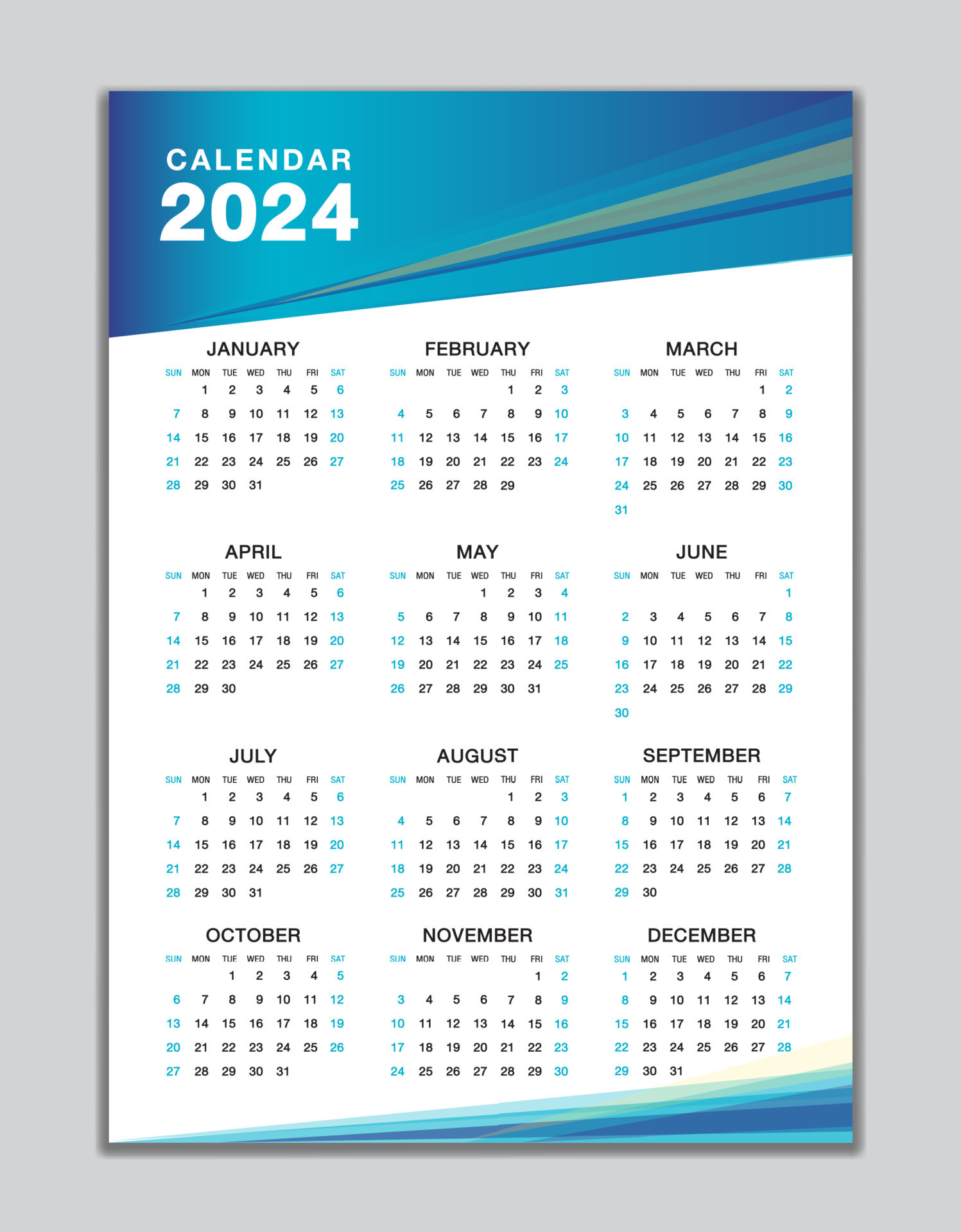 Wall Calendar 2024 Template, Desk Calendar 2024 Design, Week Start for 2024 Broadcast Calendar Printable