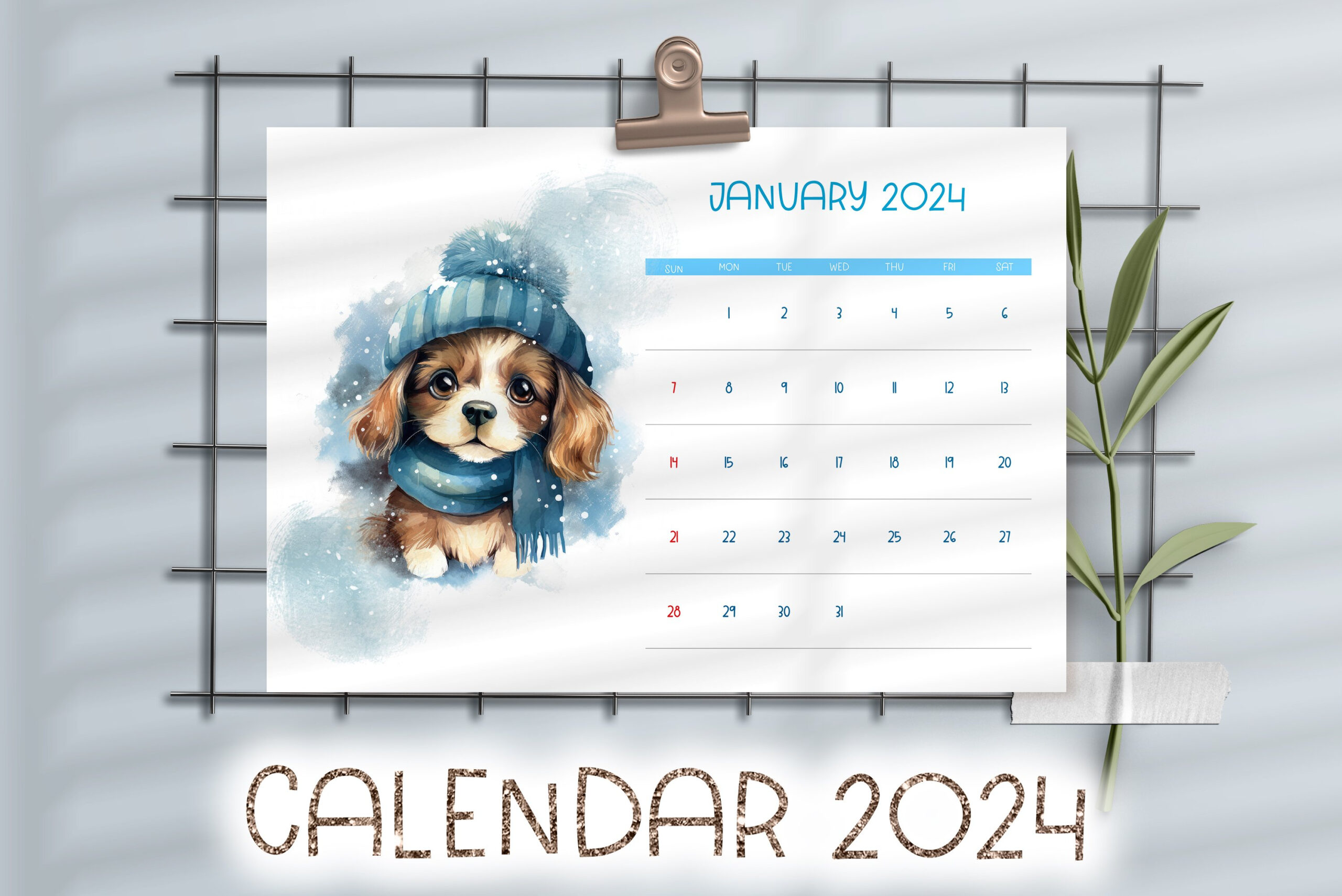Watercolor Printable Calendar 2024| Cute Puppy Wearing Hat for Free Printable Dog Calendar 2024