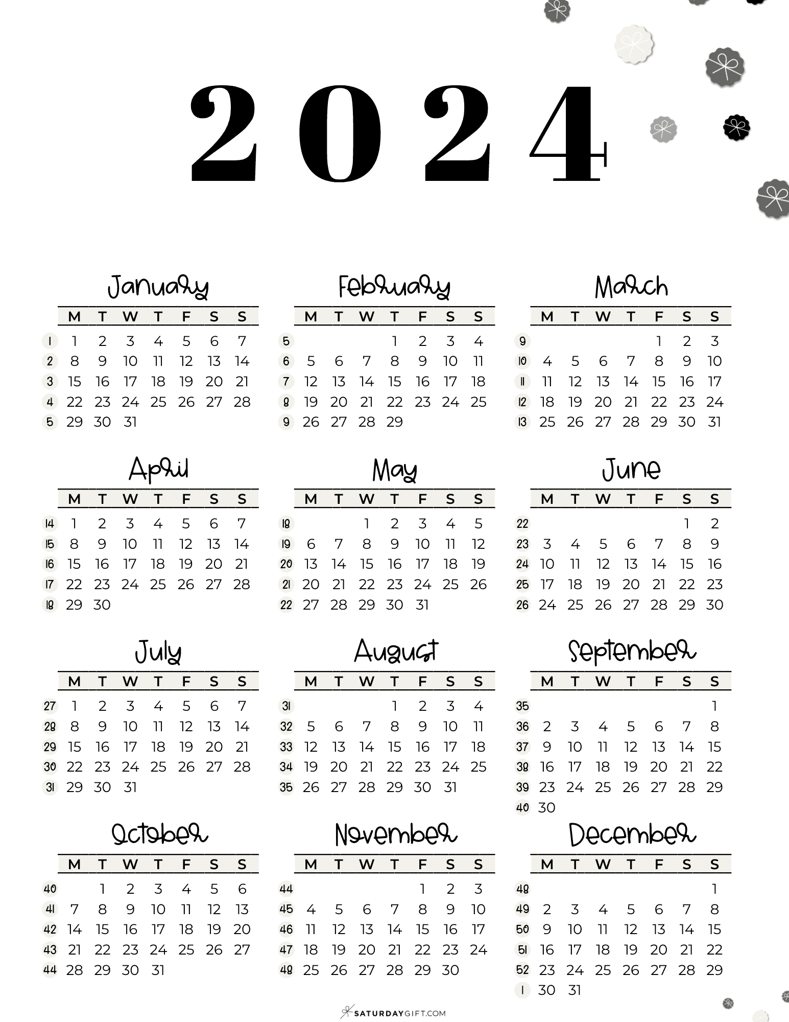 Week Numbers For 2024 - What Week Is It? | Saturdaygift for Free Printable One Page 2024 Calendar