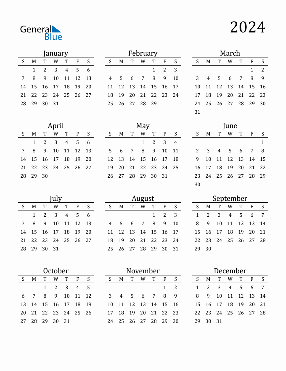 Year 2024 Free Printable 12-Month Calendar for 2024 Calendar Printable General Blue
