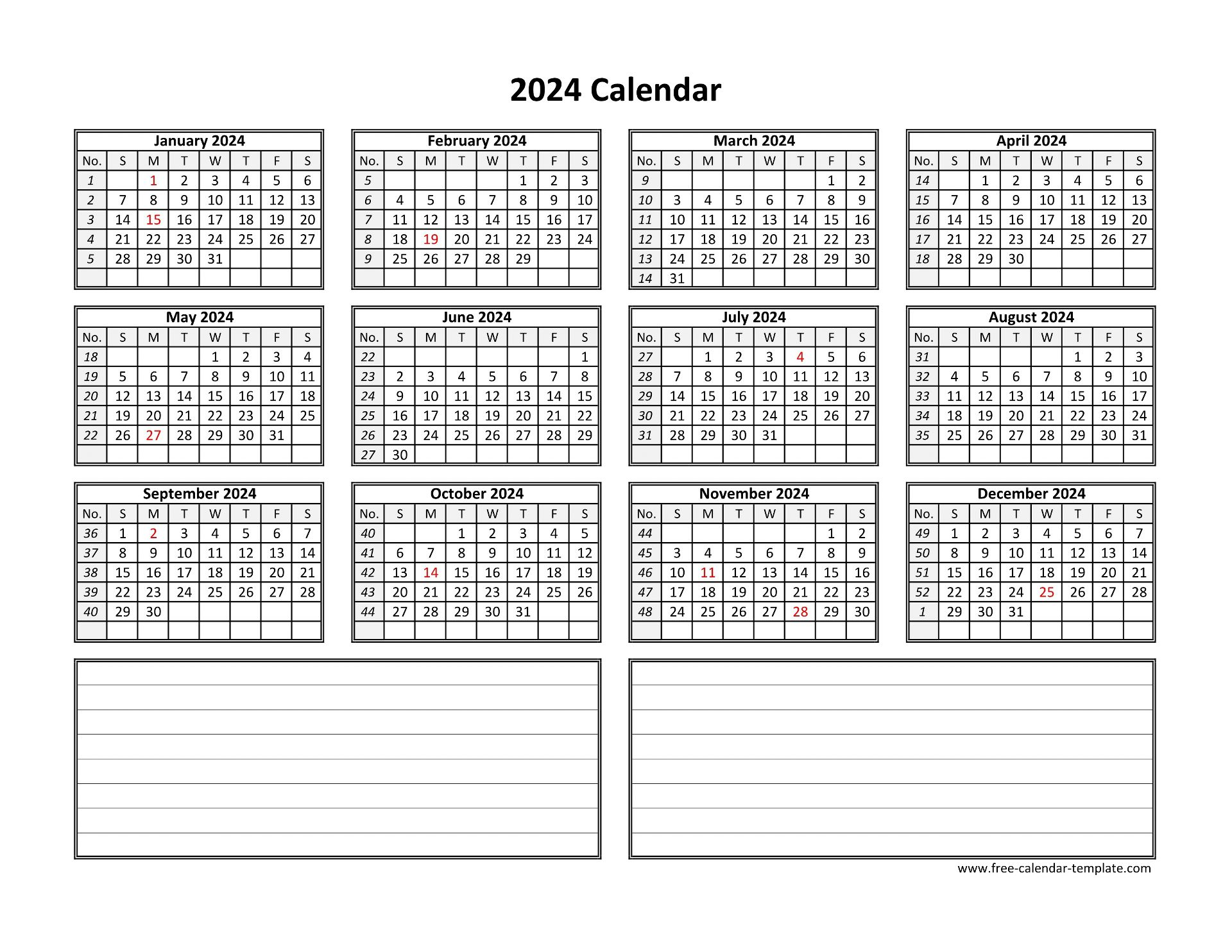 Yearly 2024 Calendar Printable With Space For Notes | Free for 2024 Calendar Printable With Notes