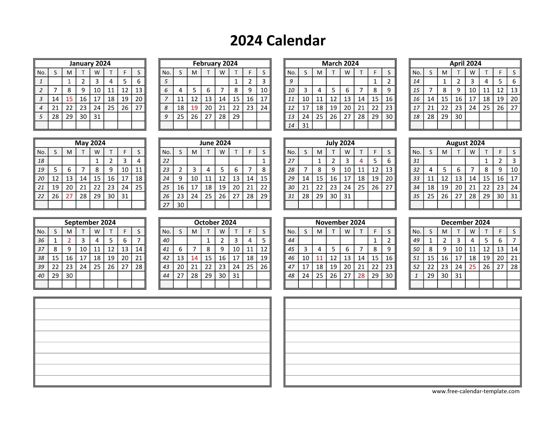 2024 Printable Calendar With Notes Printable Calendar 2024