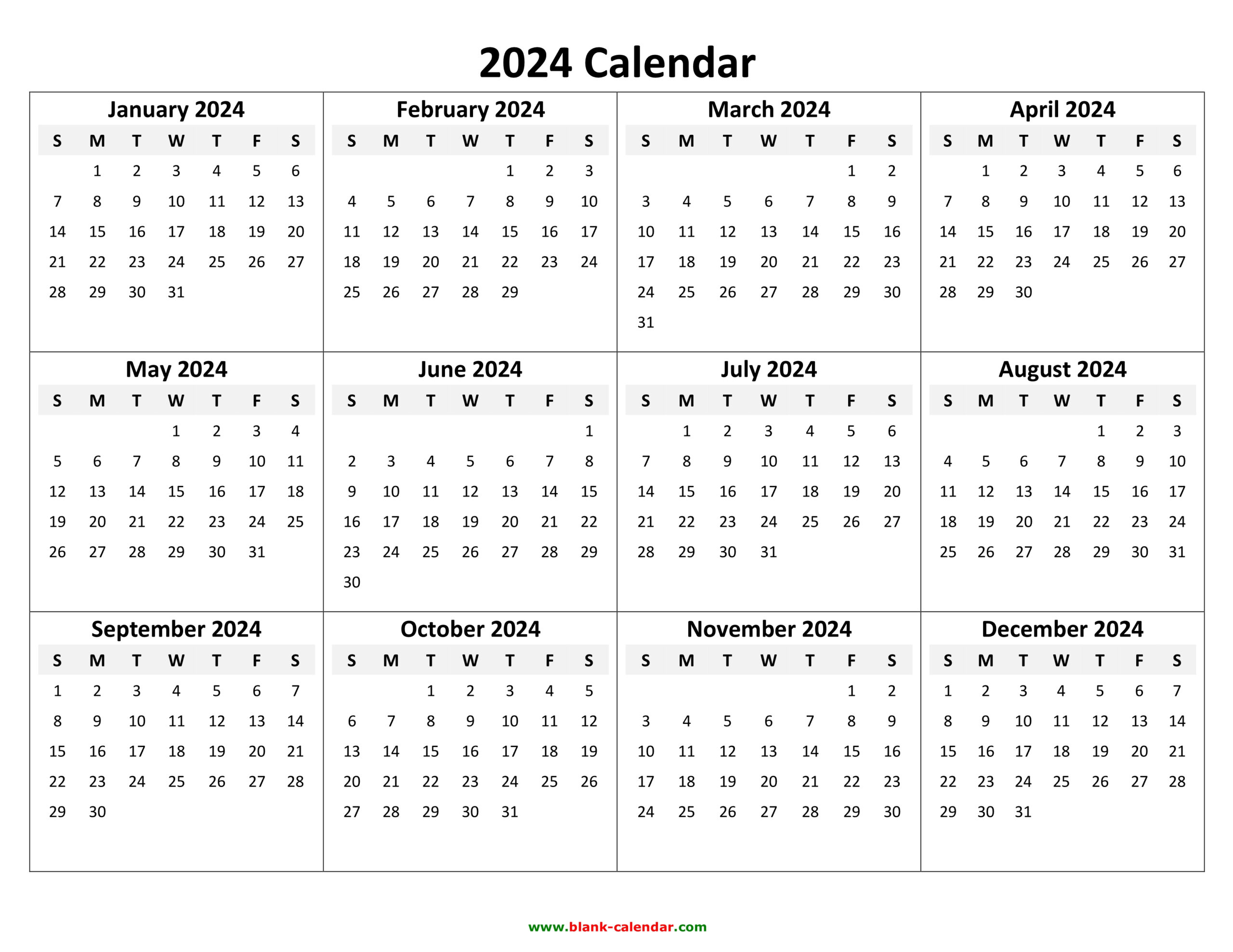 Yearly Calendar 2024 | Free Download And Print for 2024 Calendar Printable Word