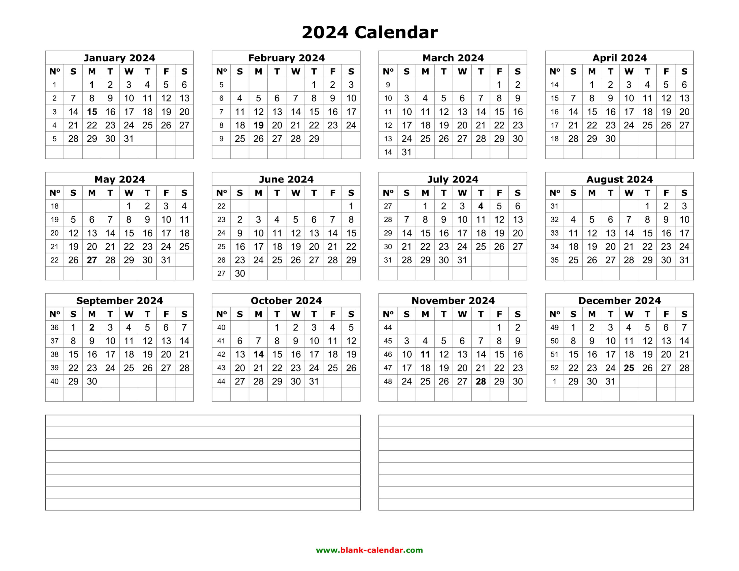 Printable Yearly Calendar 2024 With Notes Printable Calendar 2024