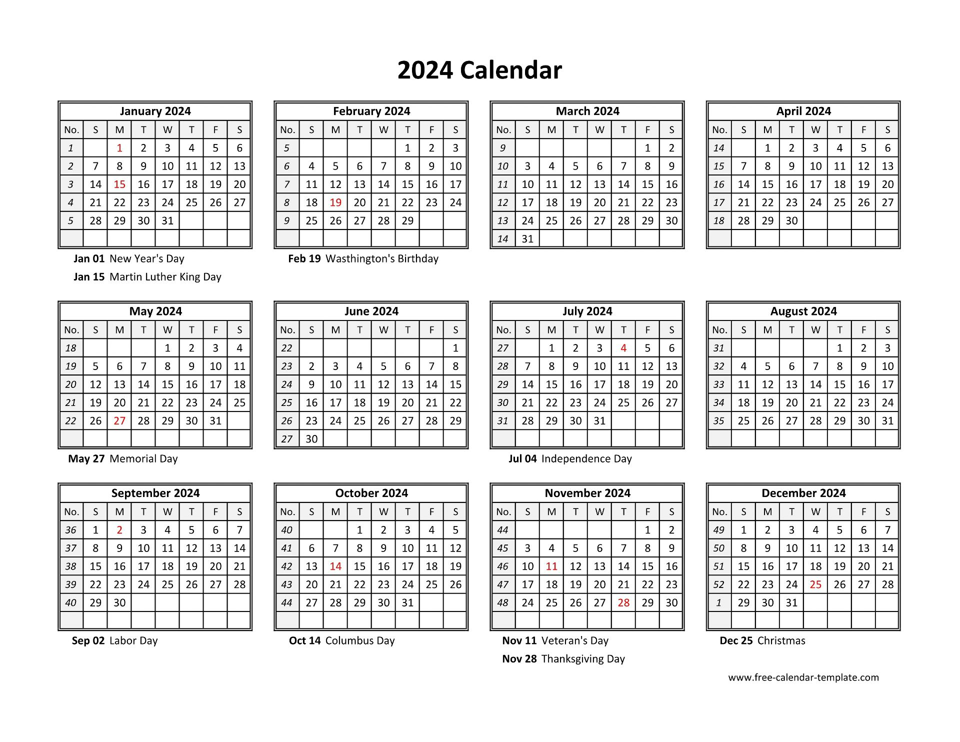 Free Printable Yearly Calendar 2024 With Holidays Free Download