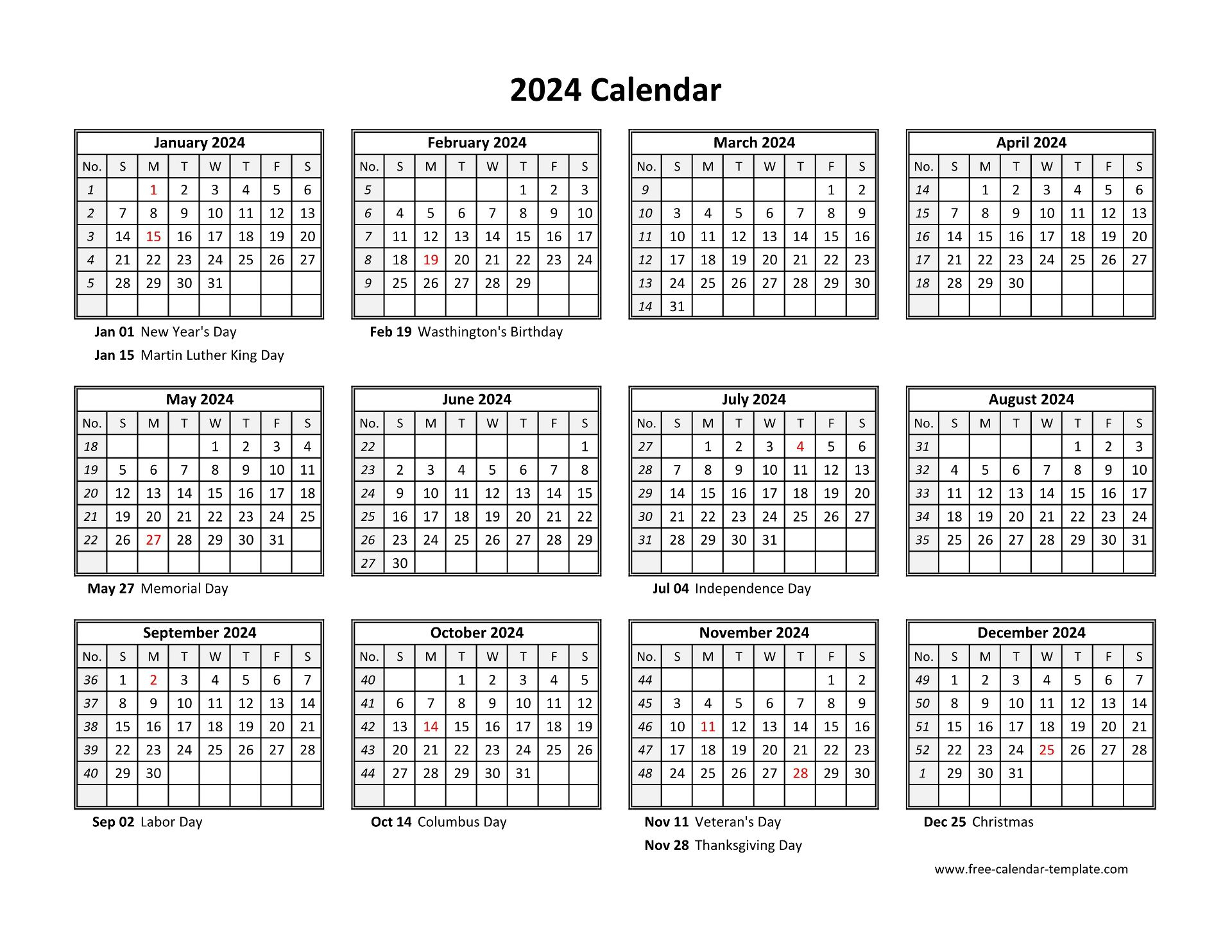 Yearly Calendar 2024 Printable With Federal Holidays | Free for 12 Month Free Printable Calendar 2024
