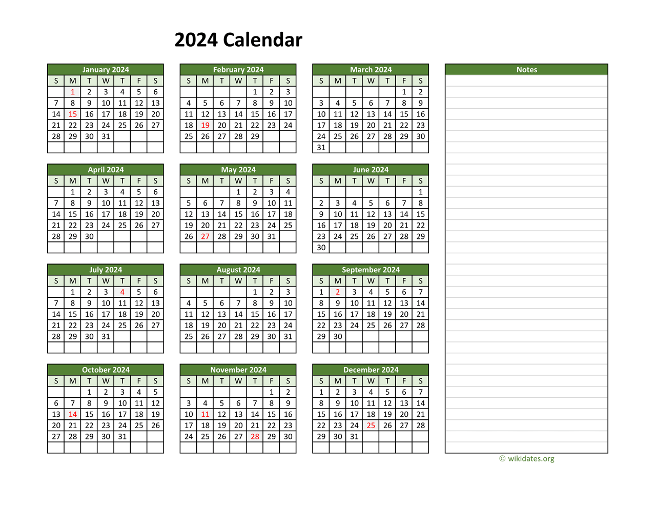 Yearly Printable 2024 Calendar With Notes | Wikidates for 2024 Calendar Printable With Notes