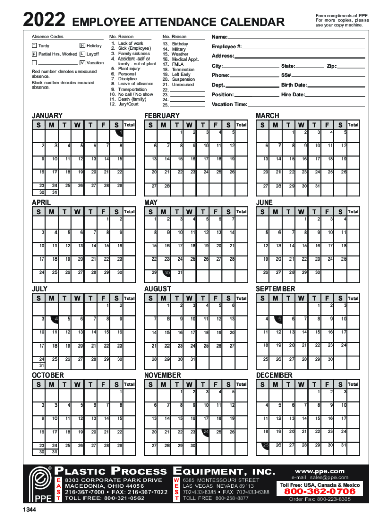 2022-2024 Form Ppe Employee Attendance Calendar Fill Online in Attendance Calendar 2024 Template Free