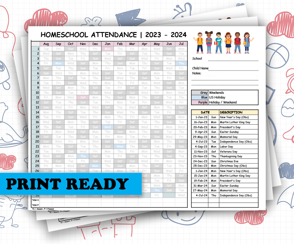2023-2024 Homeschool Kit Attendance Recording Log Sheet For Kids throughout Homeschool Attendance Calendar 2024