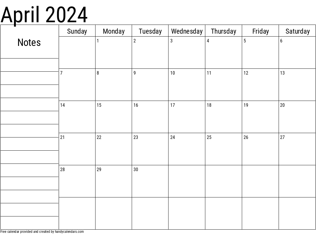 2024 April Calendars - Handy Calendars with April 2024 Calendar With Notes