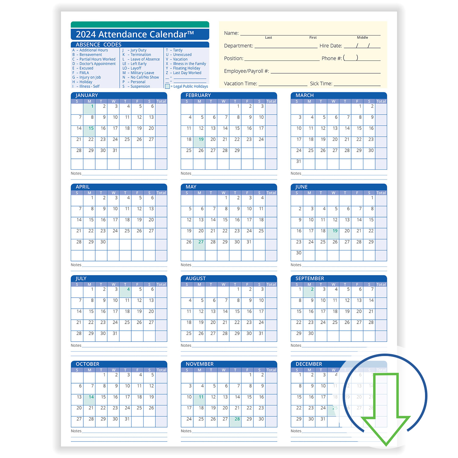 2024 Downloadable Employee Attendance Calendar | Hrdirect for Staff Attendance Sheet 2024
