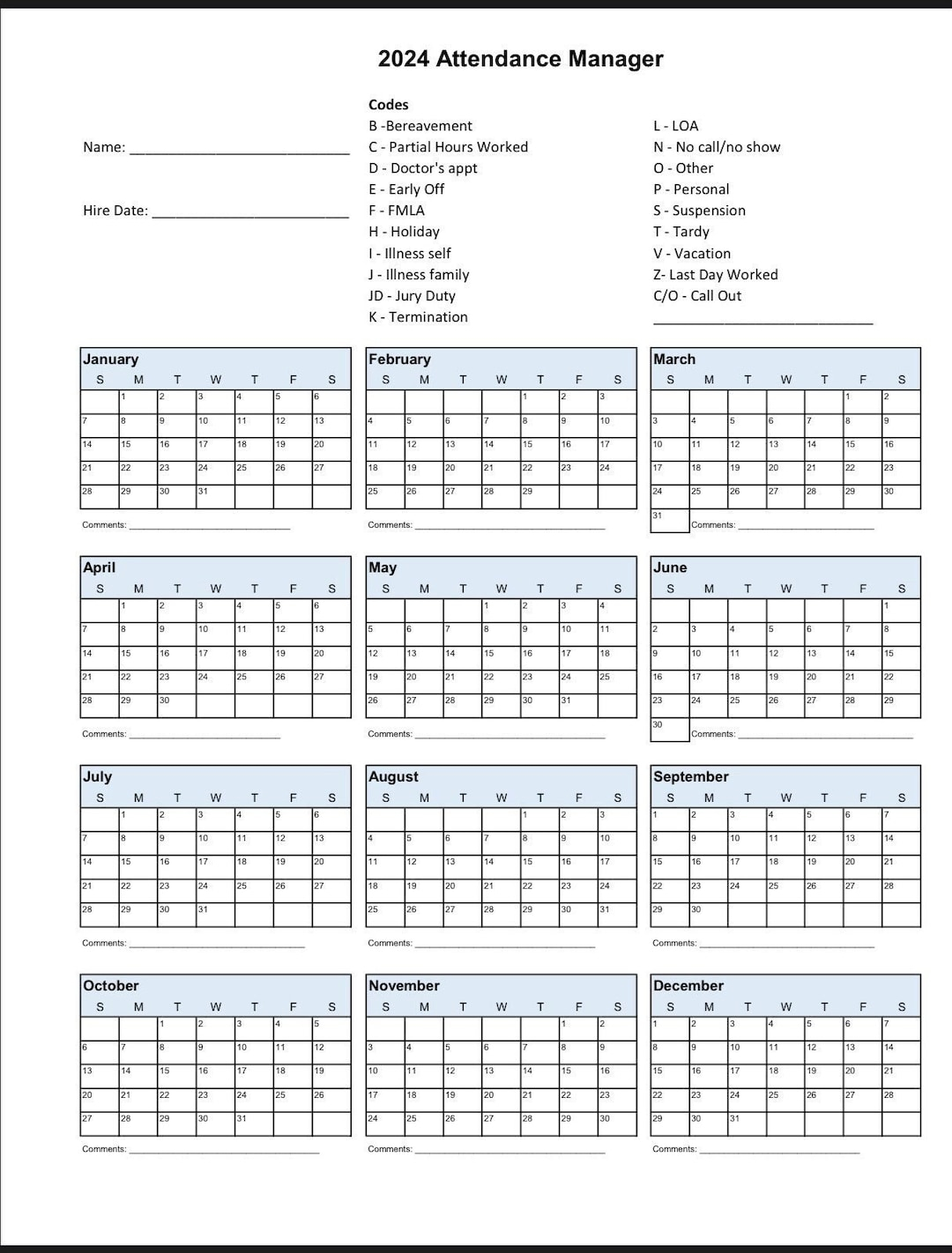 2024 Employee School Attendance Tracker Calendar, Employee for Attendance Calendars For 2024 Printable