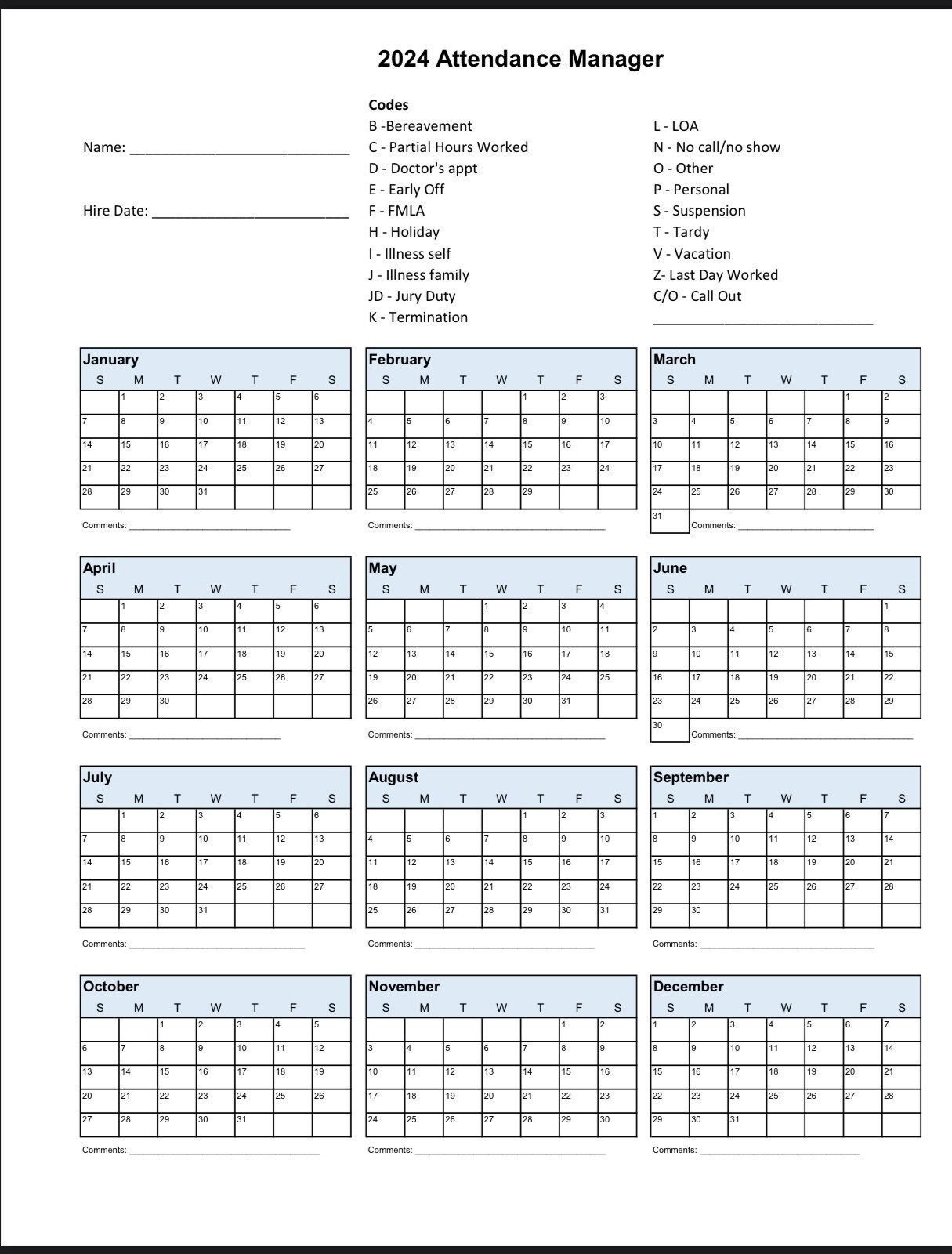 2024 Employee School Attendance Tracker Calendar, Employee for Employee Attendance Calendar 2024