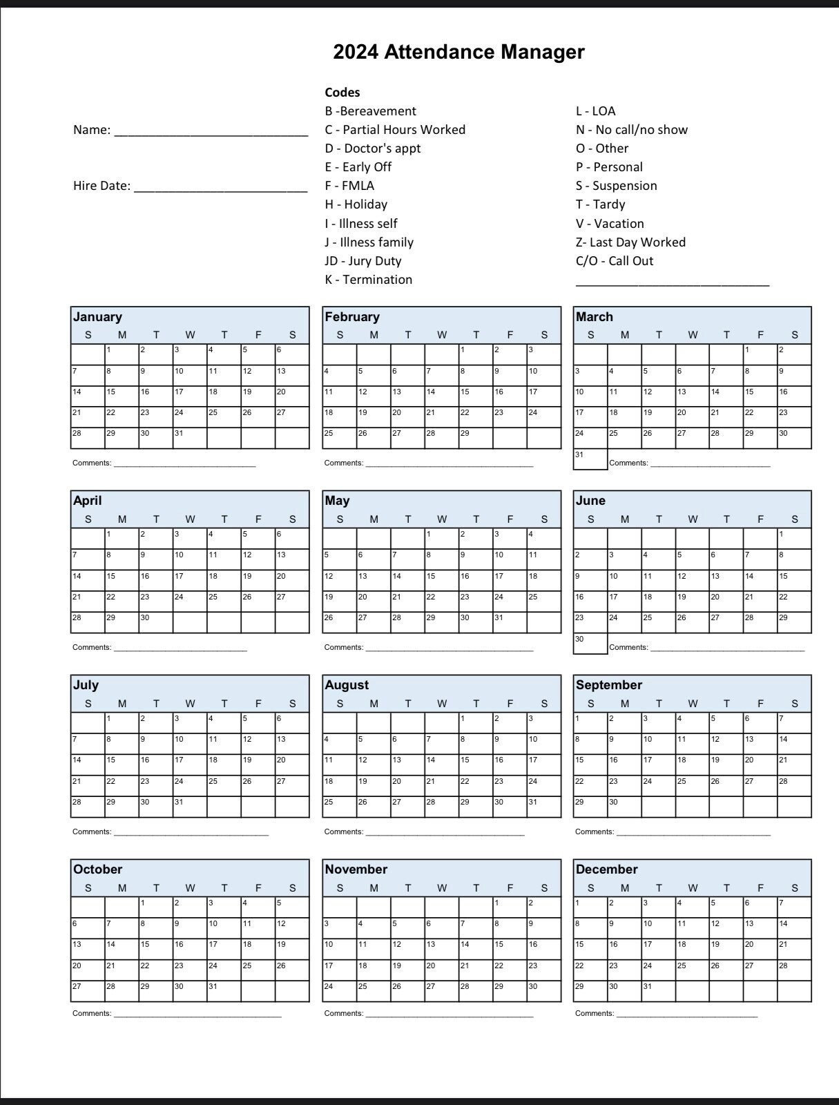 2024 Employee School Attendance Tracker Calendar, Employee in Employee Attendance Calendar 2024 Excel