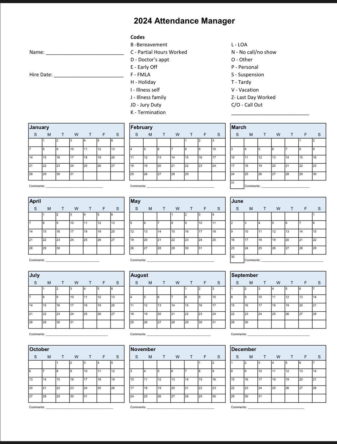 2024 Employee School Attendance Tracker Calendar, Employee within Employee Attendance Calendar 2024 Printable