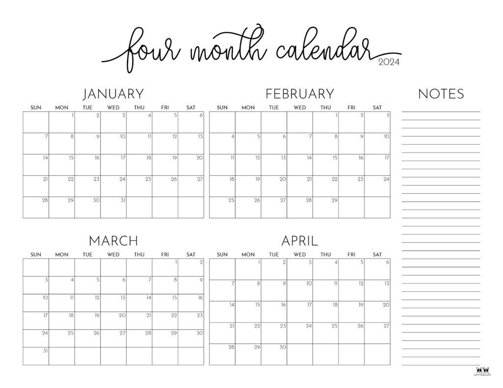 2024 Four Month Calendars - 18 Free Printables | Printabulls regarding January Through April 2024 Calendar