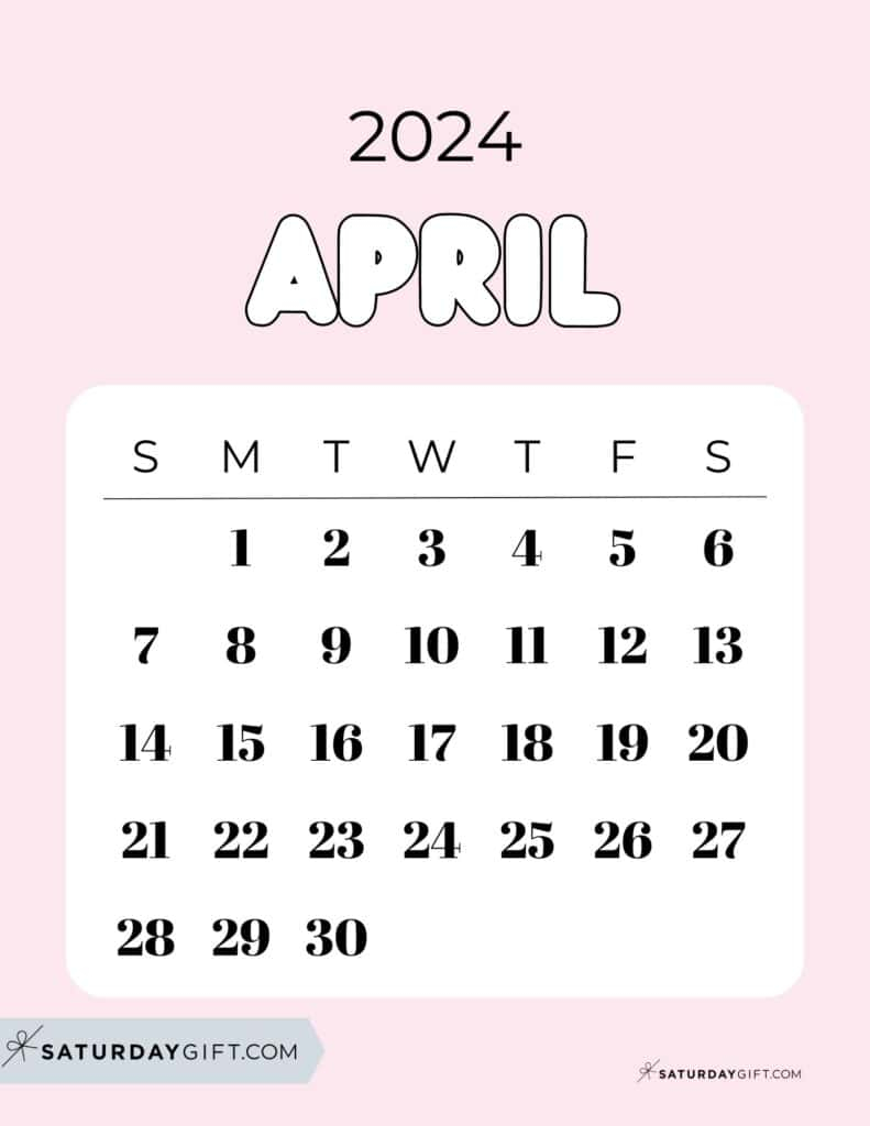 April 2024 Calendar - 20 Cute &amp;amp; Free Printables | Saturdaygift for Pink April 2024 Calendar