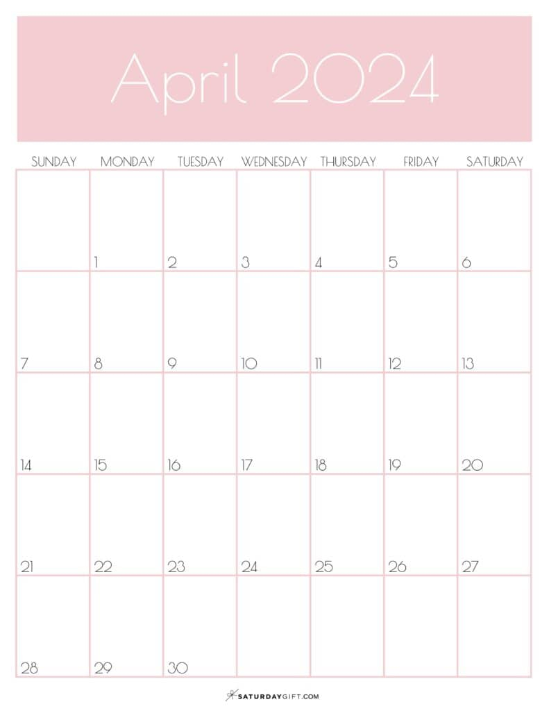 April 2024 Calendar - 20 Cute &amp;amp; Free Printables | Saturdaygift with Pink April 2024 Calendar